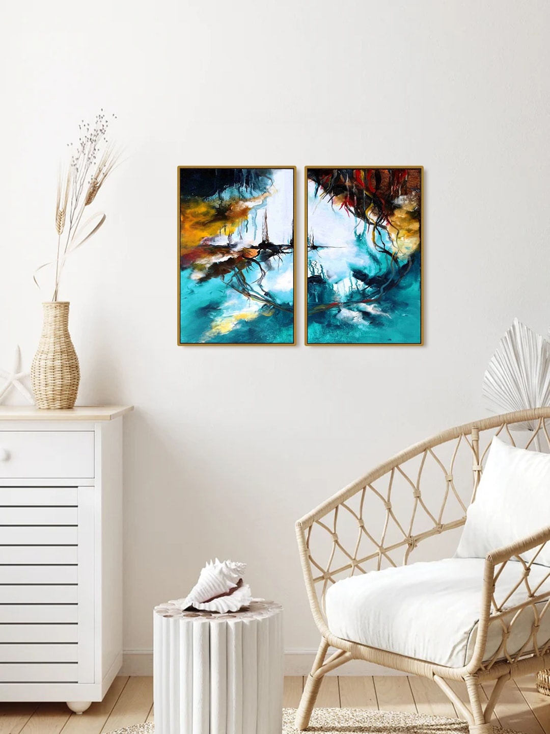 

999Store Set Of 2 Blue & White Abstract Painting Wall Art
