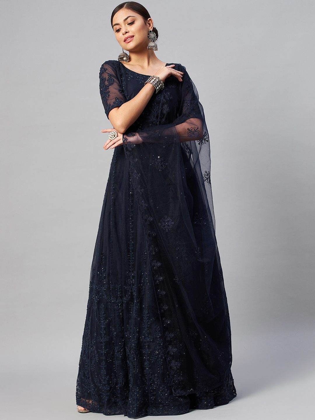 

SHUBHKALA Navy Blue Embroidered Semi-Stitched Dress Material