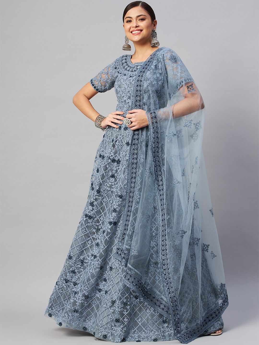 

SHUBHKALA Grey Embroidered Semi-Stitched Dress Material