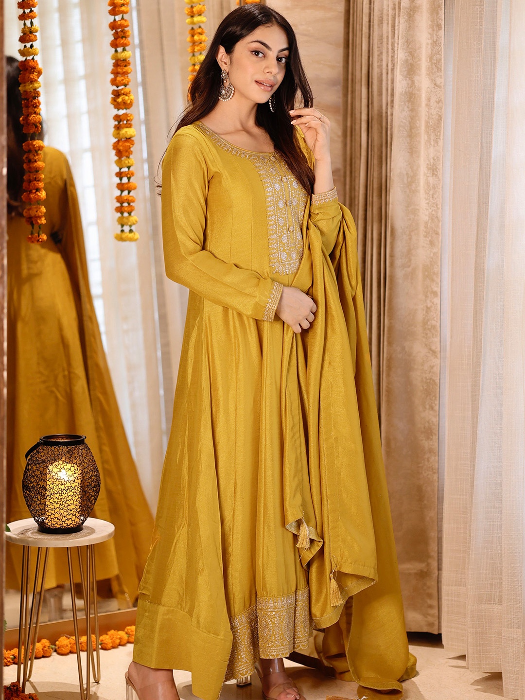 

Libas Women Mustard Yellow Floral Yoke Design Panelled Kurta with Trousers & Dupatta