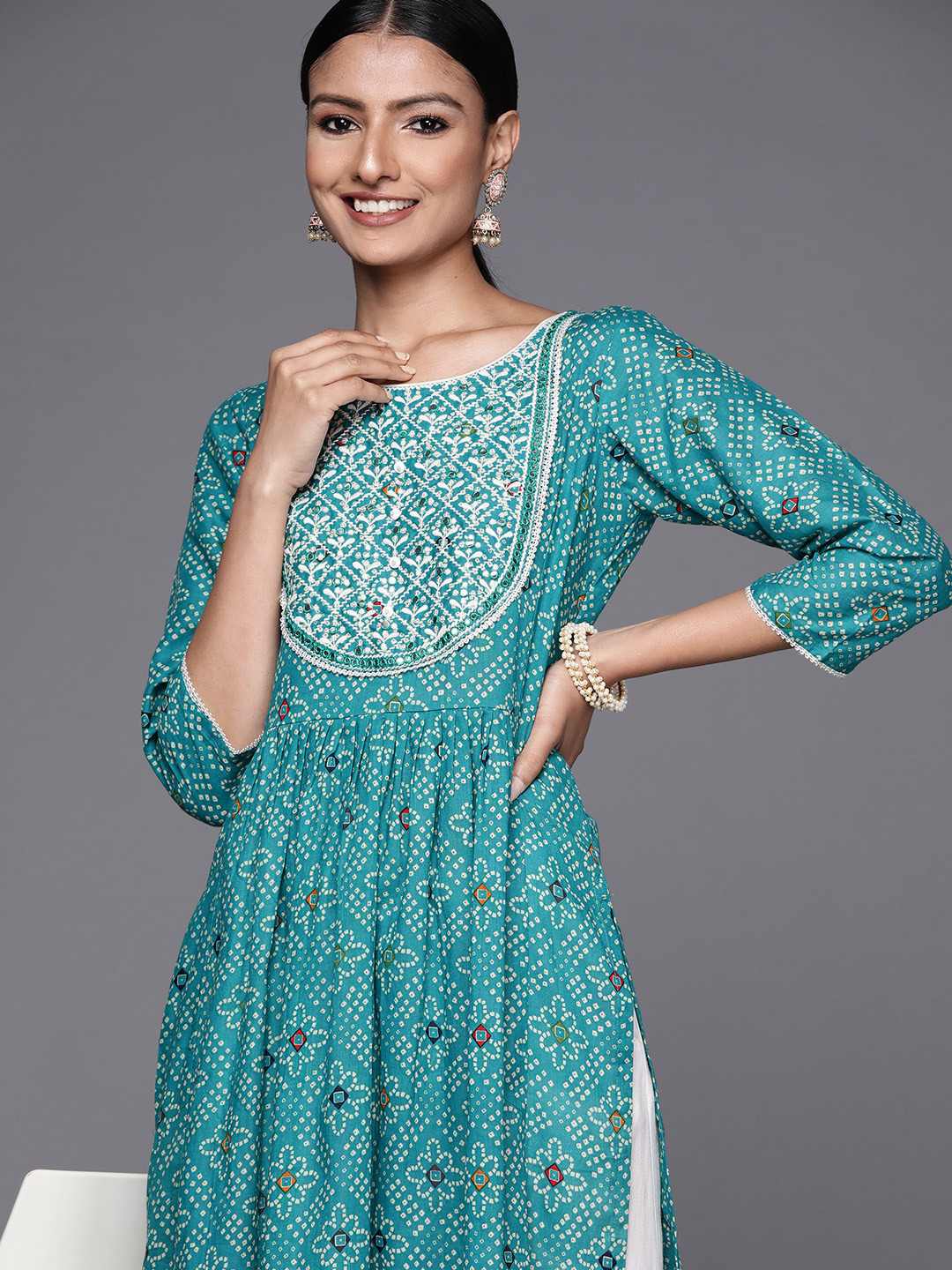 

Libas Women Turquoise Blue Bandhani Printed Kurta