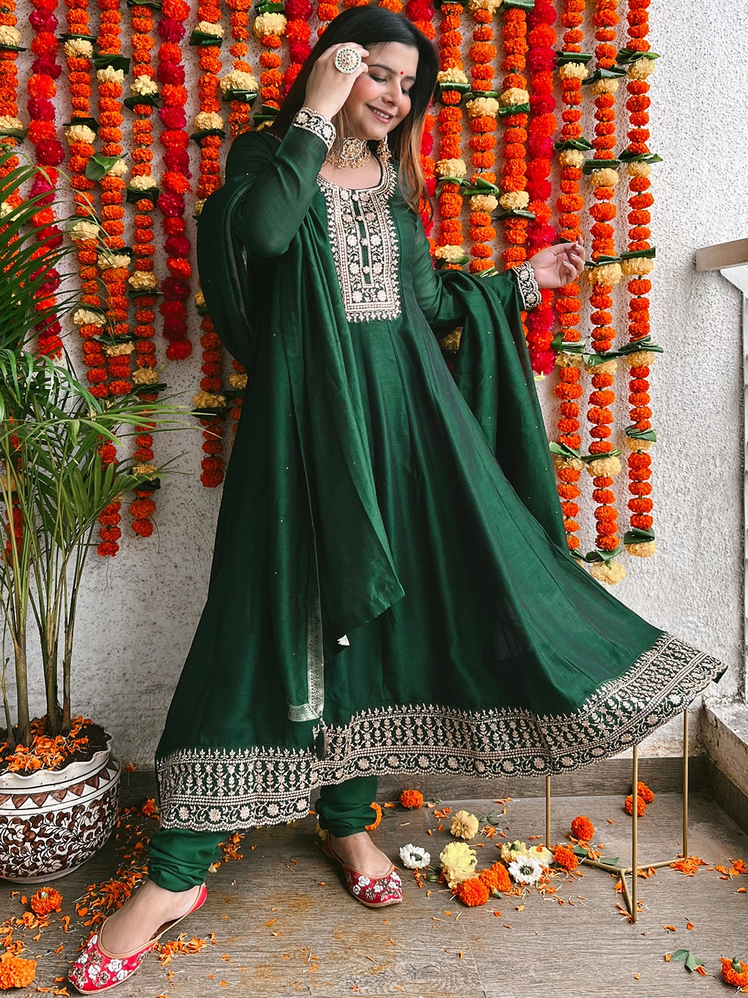 

Libas Women Green Floral Yoke Design Panelled Kurta with Churidar & With Dupatta