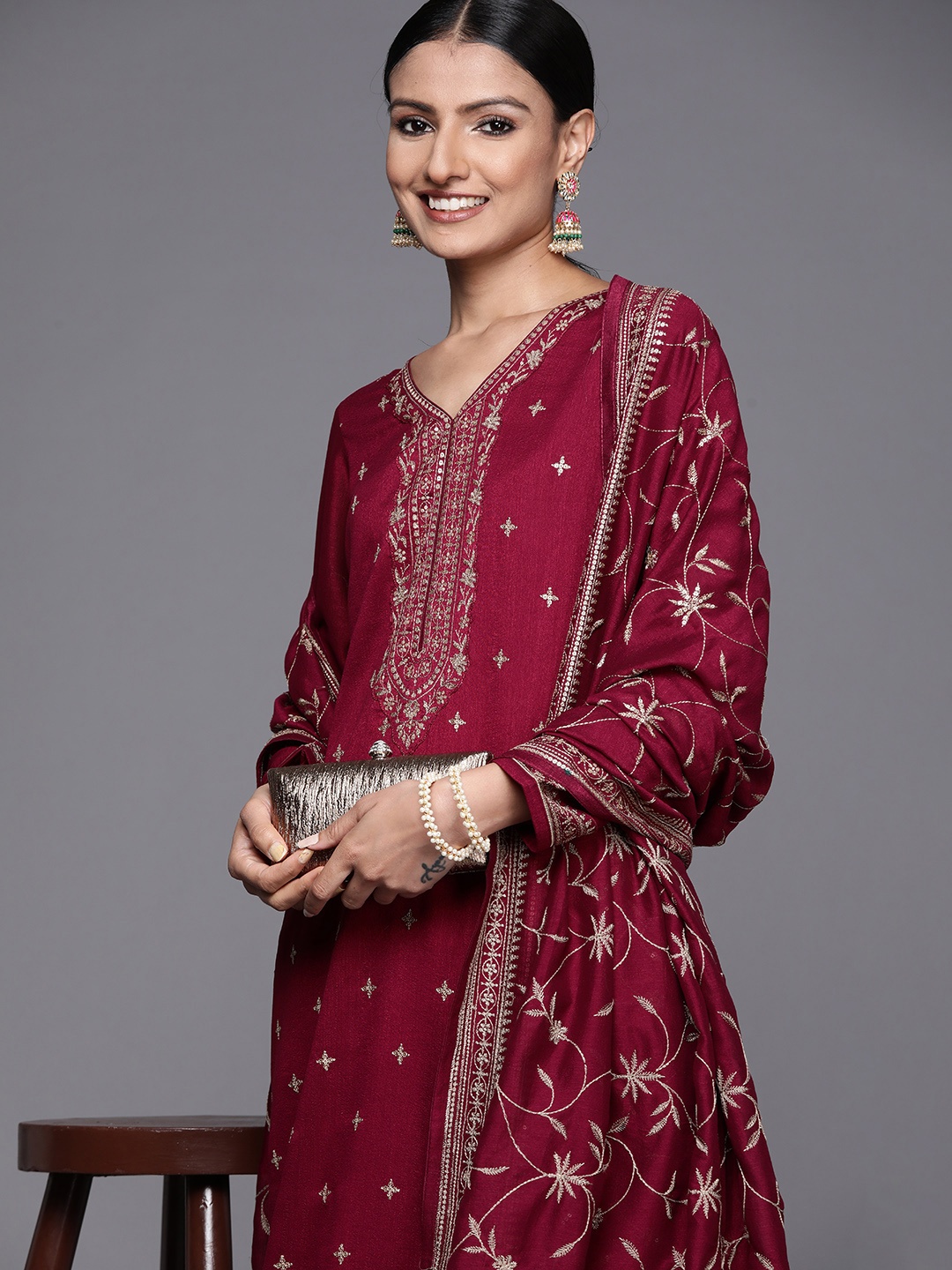 

Libas Women Maroon Floral Embroidered Kurta with Palazzos & Dupatta