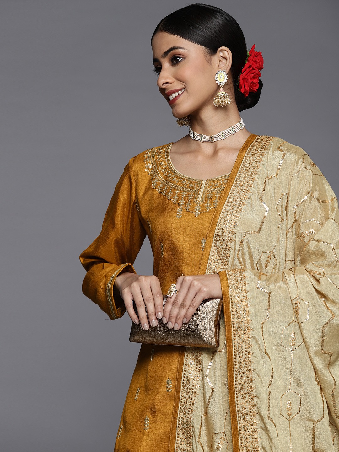 

Libas Women Mustard Yellow Floral Motifs Embroidered Kurta with Trousers & Dupatta
