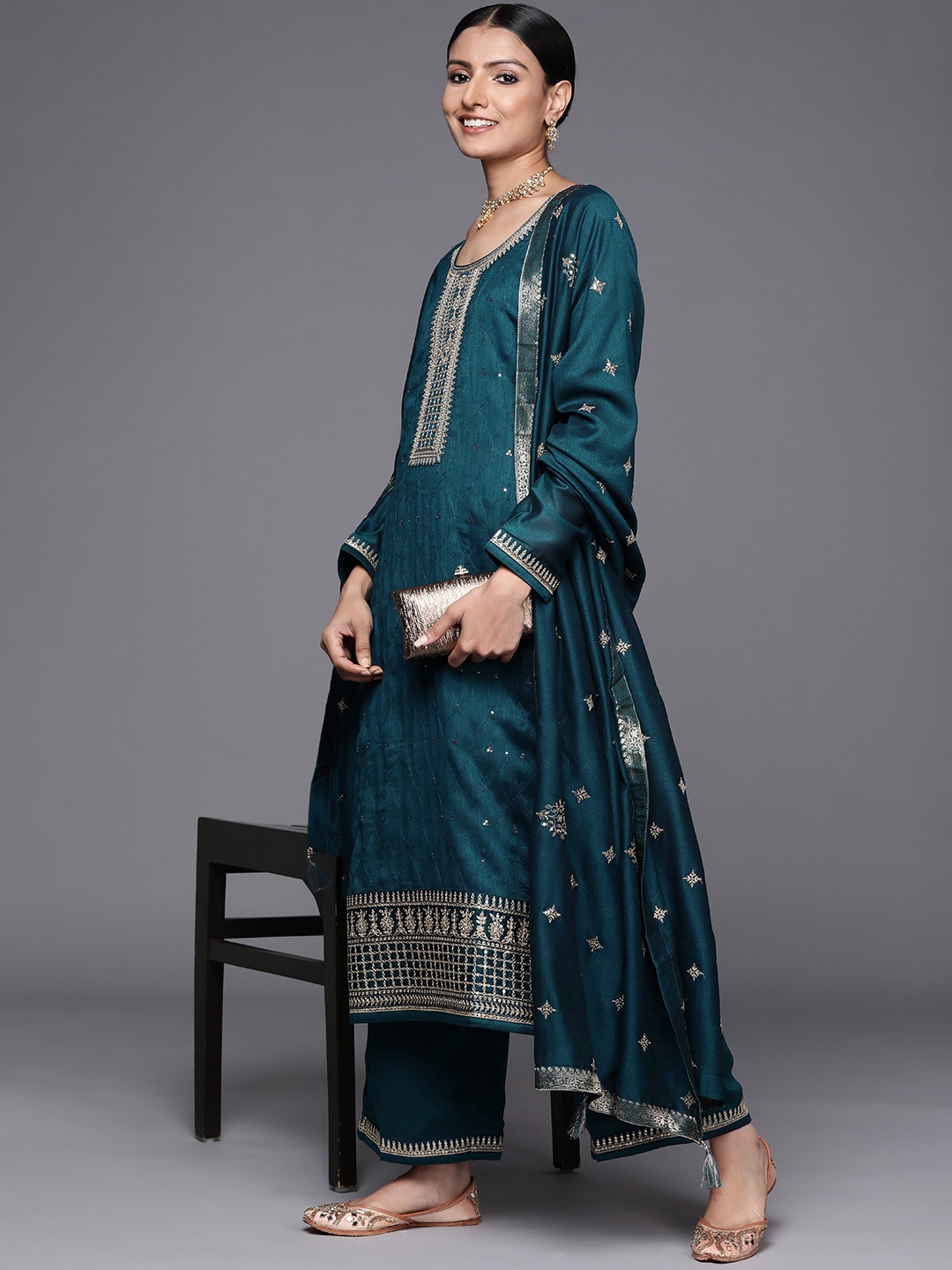 

Libas Women Teal Floral Embroidered Kurta with Palazzos & Dupatta