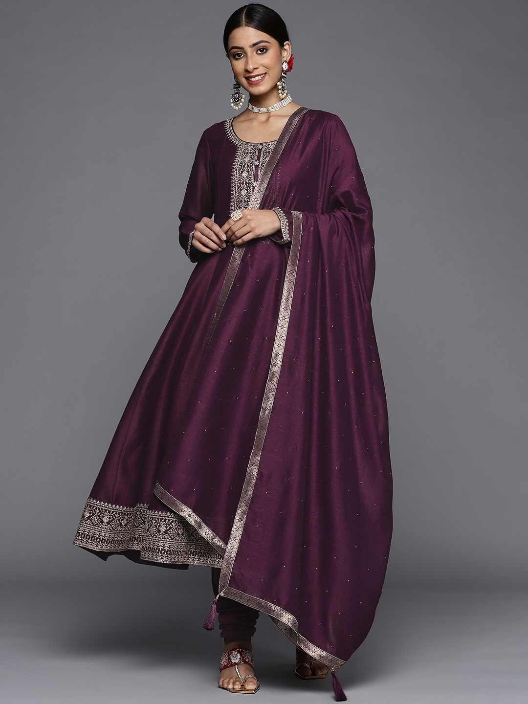 

Libas Women Burgundy Floral Motifs Embroidered Sequinned Kurta with Churidar & Dupatta