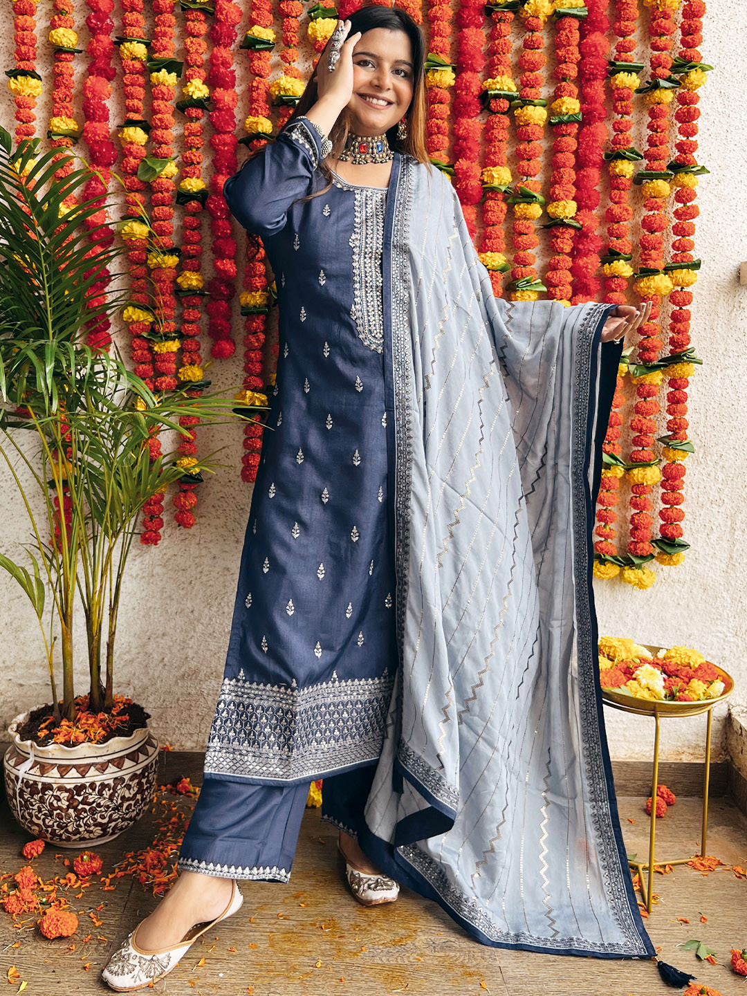 

Libas Women Navy Blue Floral Embroidered Sequinned Kurta with Trousers & With Dupatta