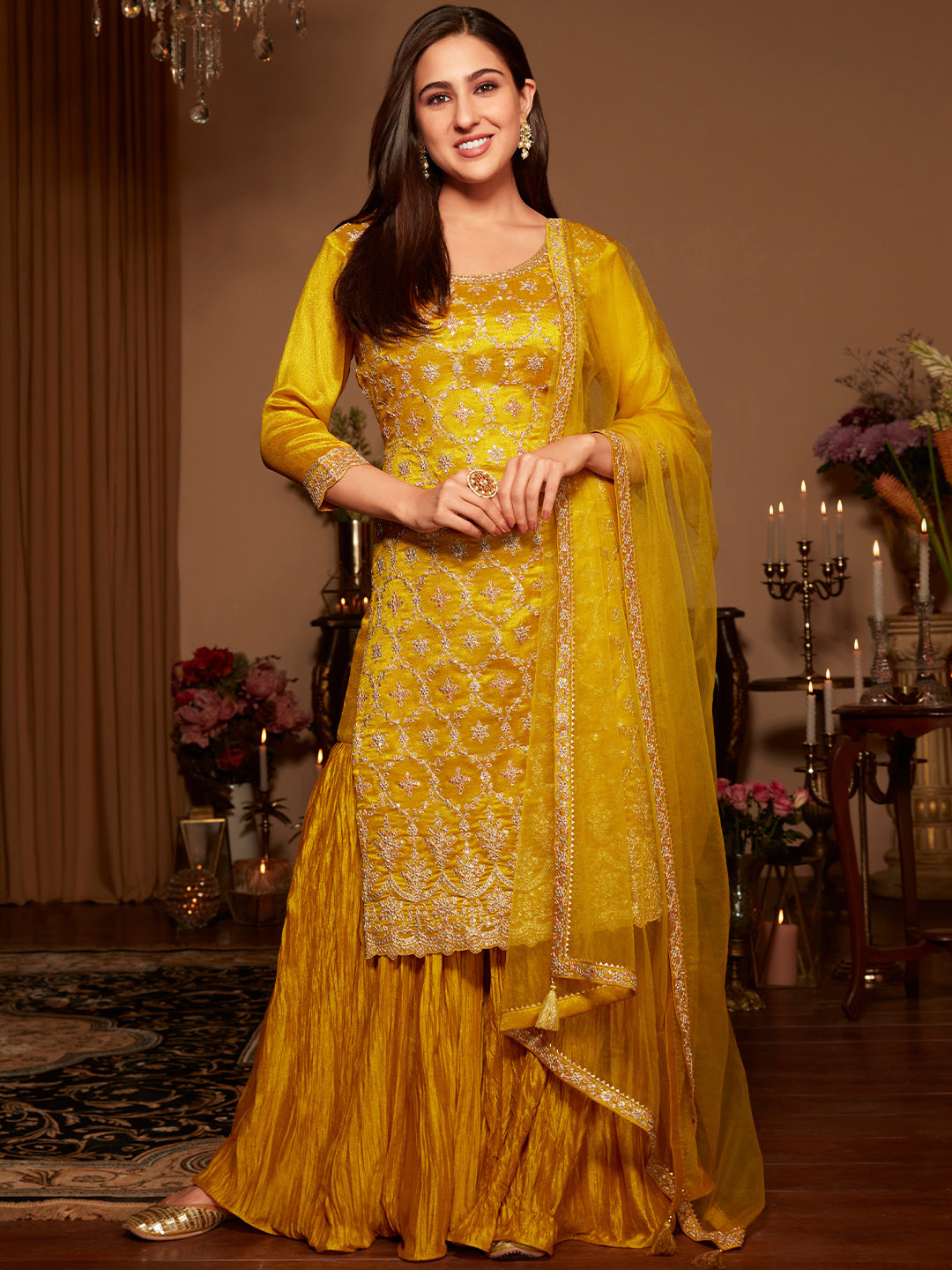 

Libas Women Mustard Yellow Floral Motifs Embroidered Kurta with Sharara & Dupatta