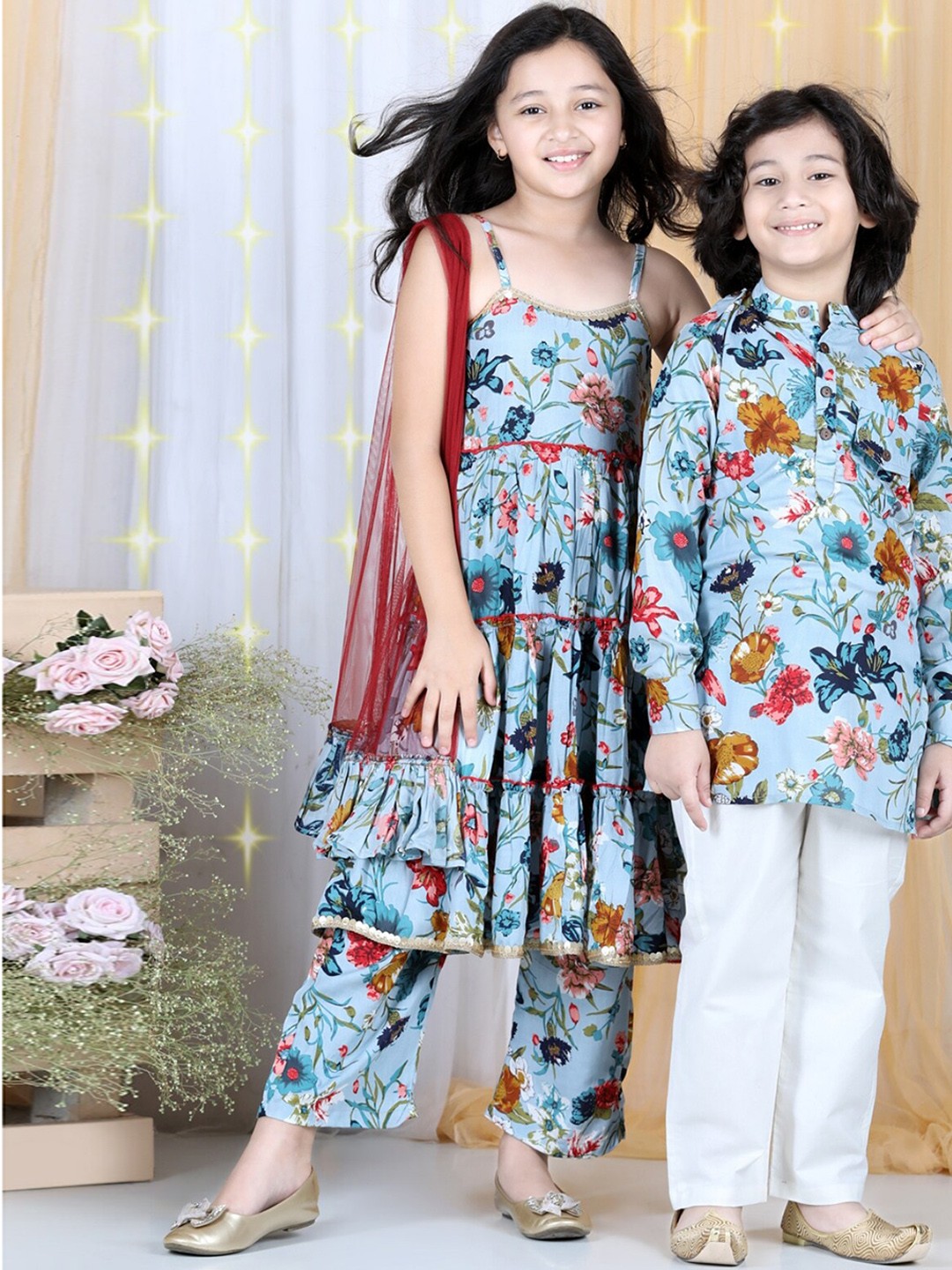 

Cutiekins Girls Floral Printed Tiered Kurta with Palazzos & With Dupatta, Blue