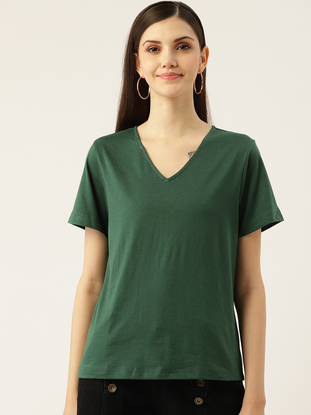 

Besiva Women Green V-Neck T-shirt