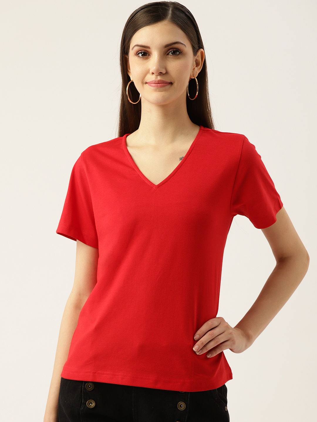 

Besiva Women Red V-Neck T-shirt