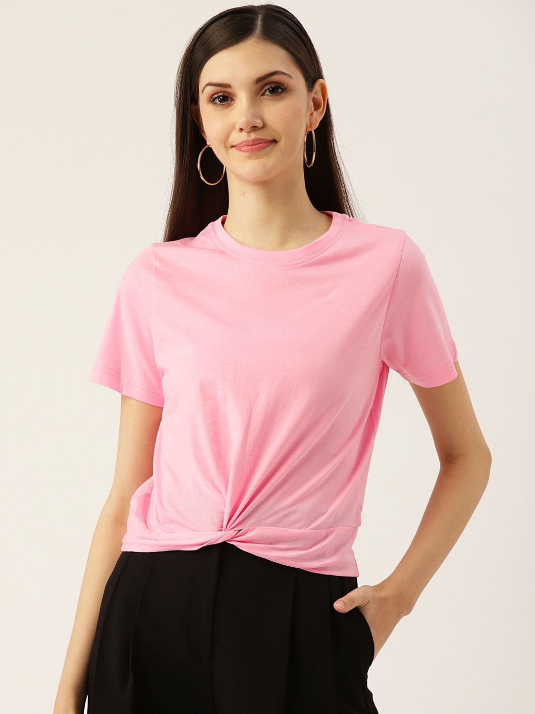 

Besiva Women Pink Front Knot T-shirt