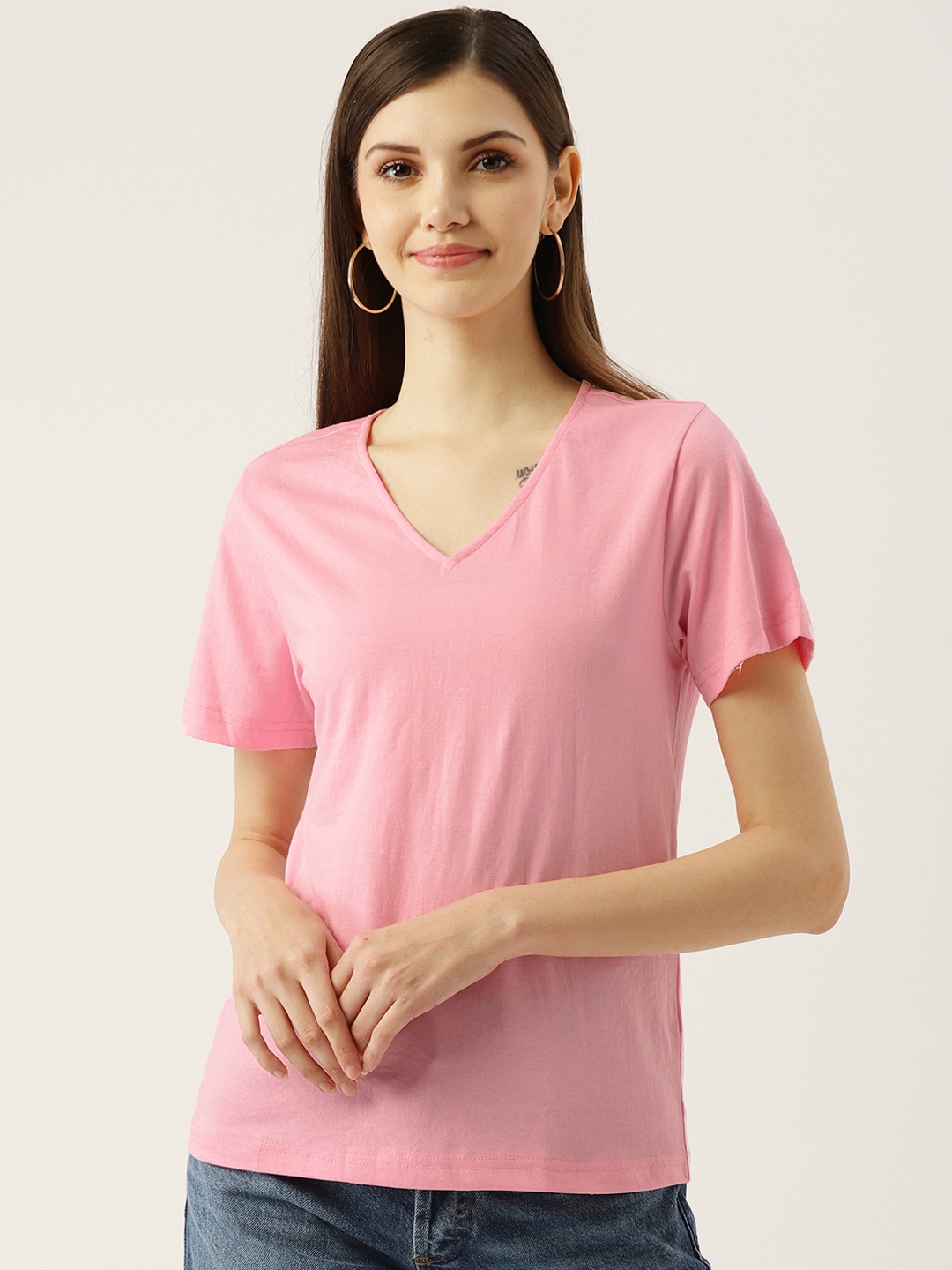 

Besiva Women Pink V-Neck T-shirt
