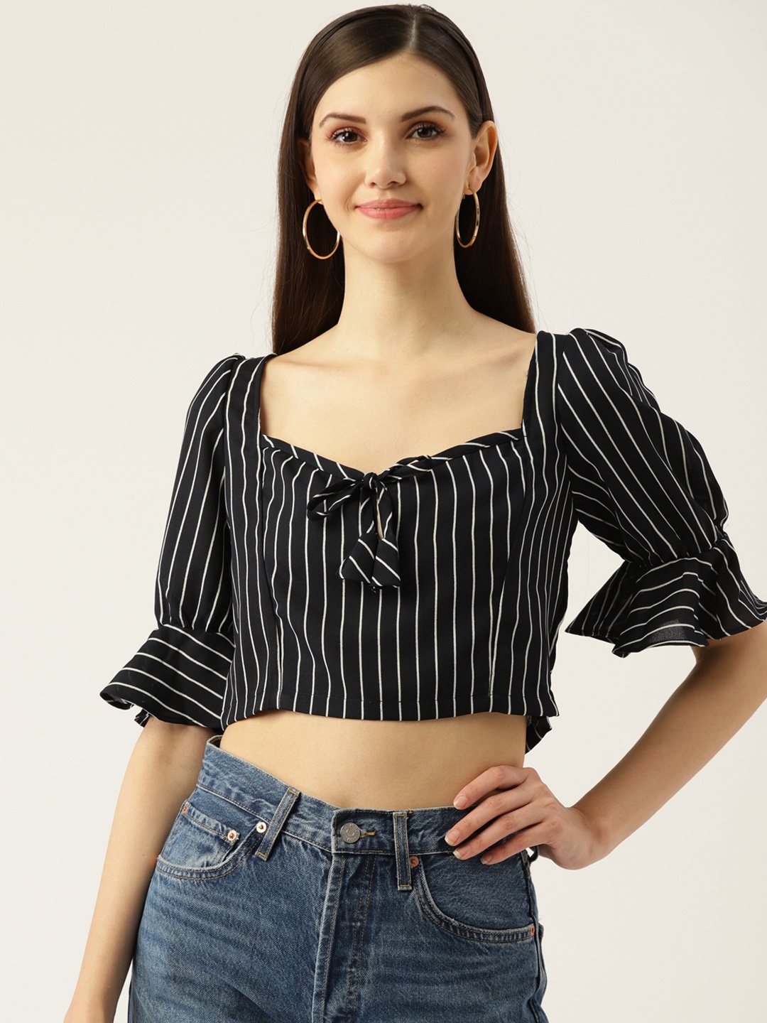 

Besiva Navy Blue & White Striped Sweetheart Neck Georgette Crop Top