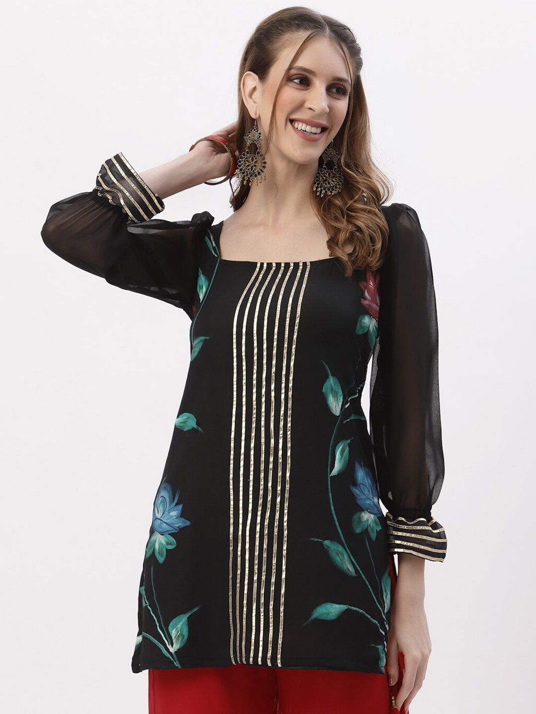 

studio rasa Black & Blue Floral Embellished Square Neck Gotta Patti Gotta Patti Kurti