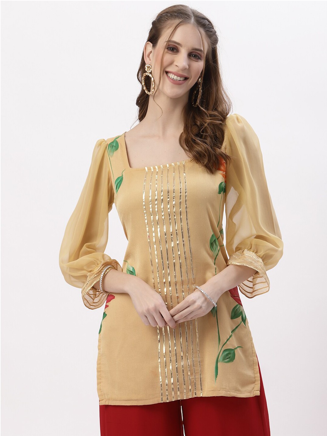 

Studio Rasa Beige Floral Embellished Square Neck Gotta Patti Kurti