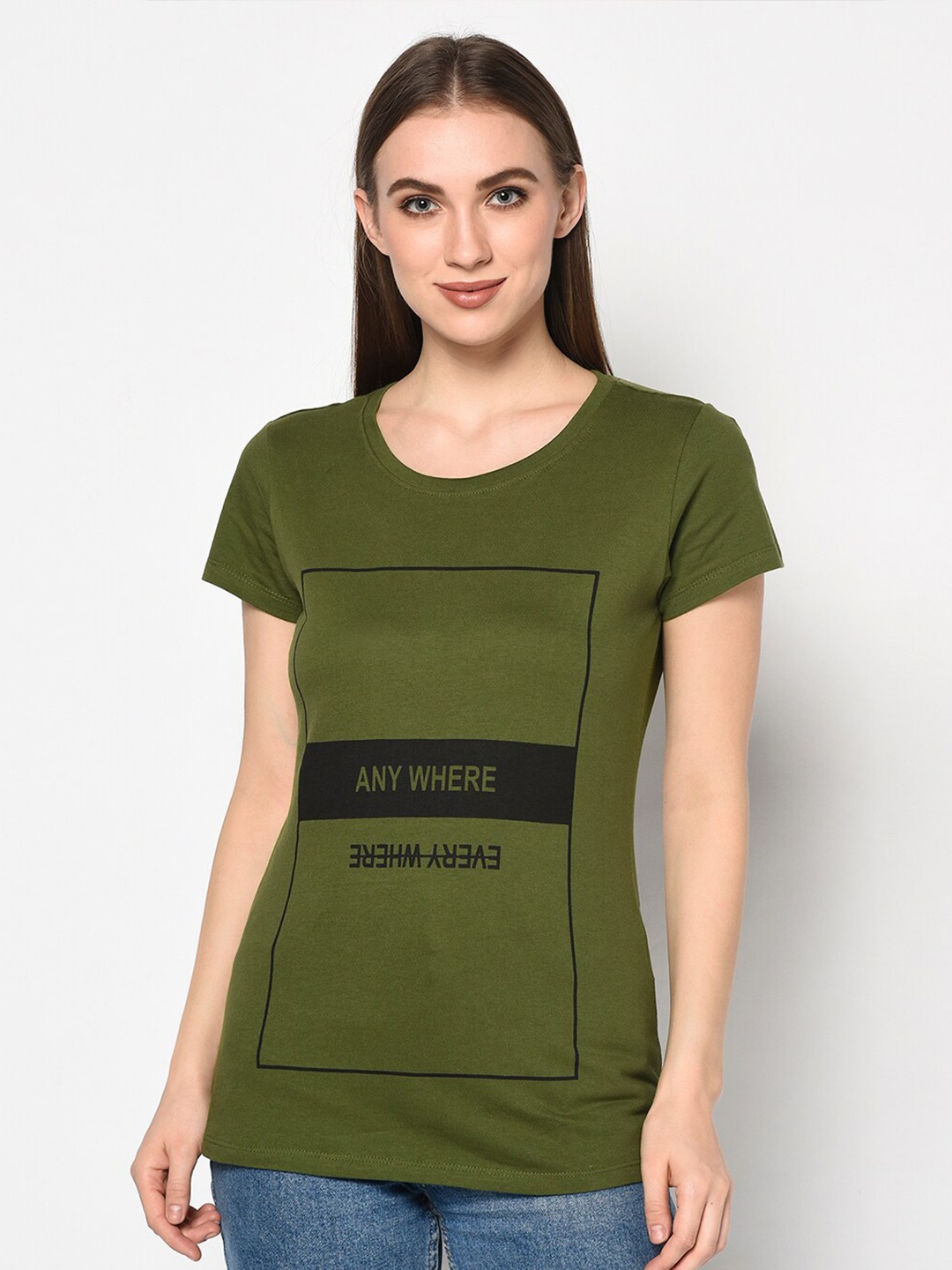 

SHARKTRIBE Women Olive Green Typography Printed Slim Fit T-shirt