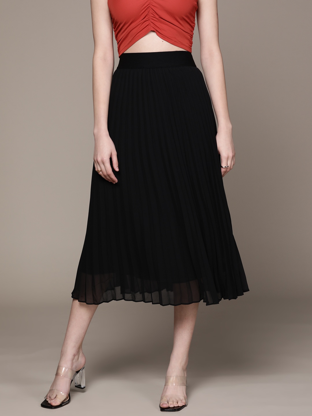 

Macy's Alfani Women Black Solid Pleated A-Line Midi Skirt