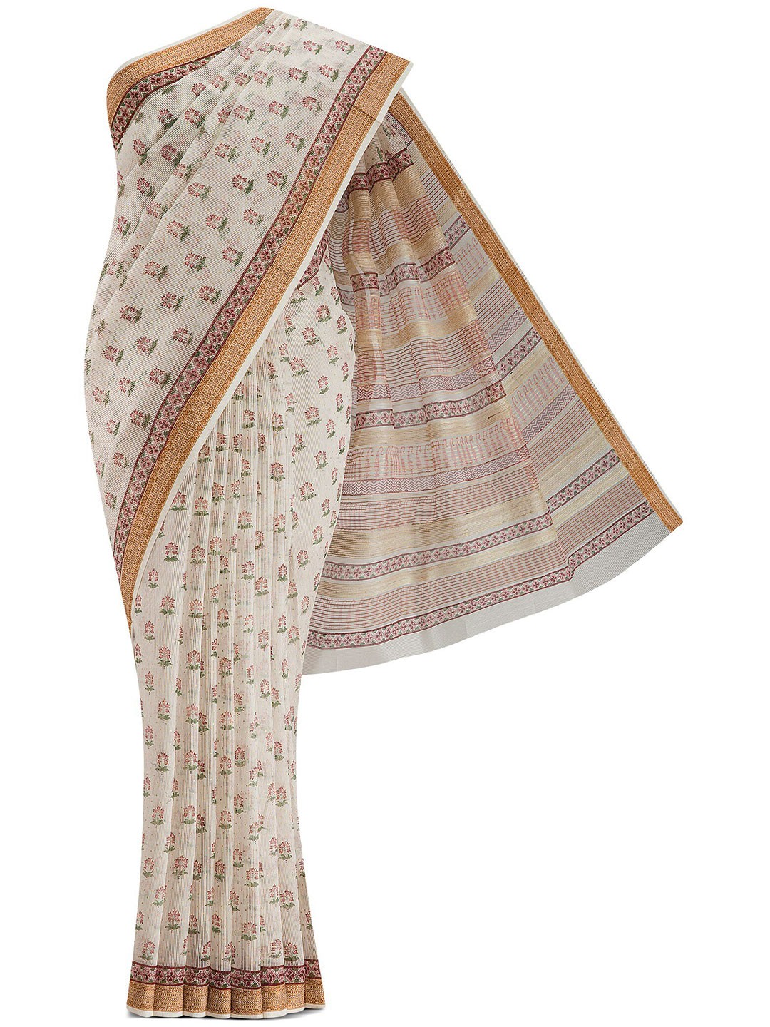 

Nalli Next Cream & Gold Coloured Floral Printed Silk Cotton Saree
