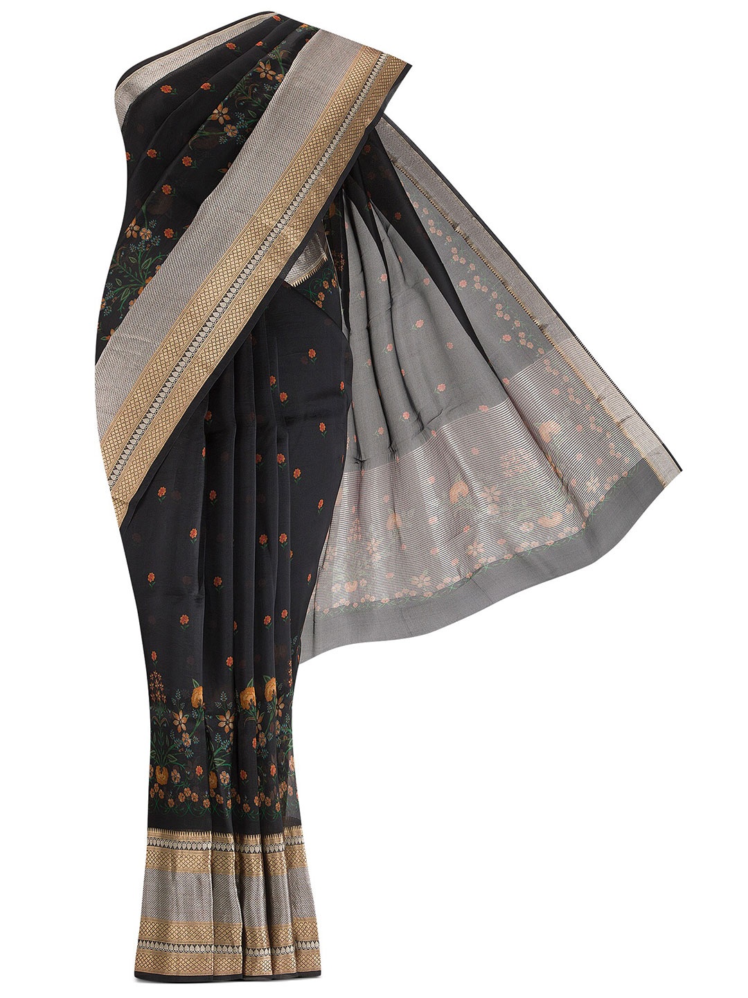 

Nalli Silk Sarees Black & Orange Floral Zari Organza Saree