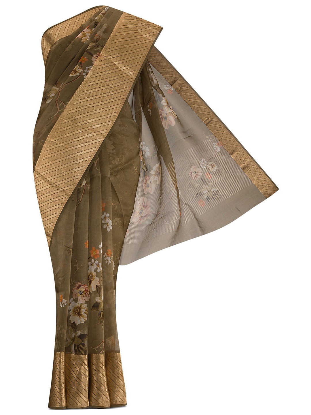 

Nalli Silk Sarees Green & Orange Floral Zari Organza Saree