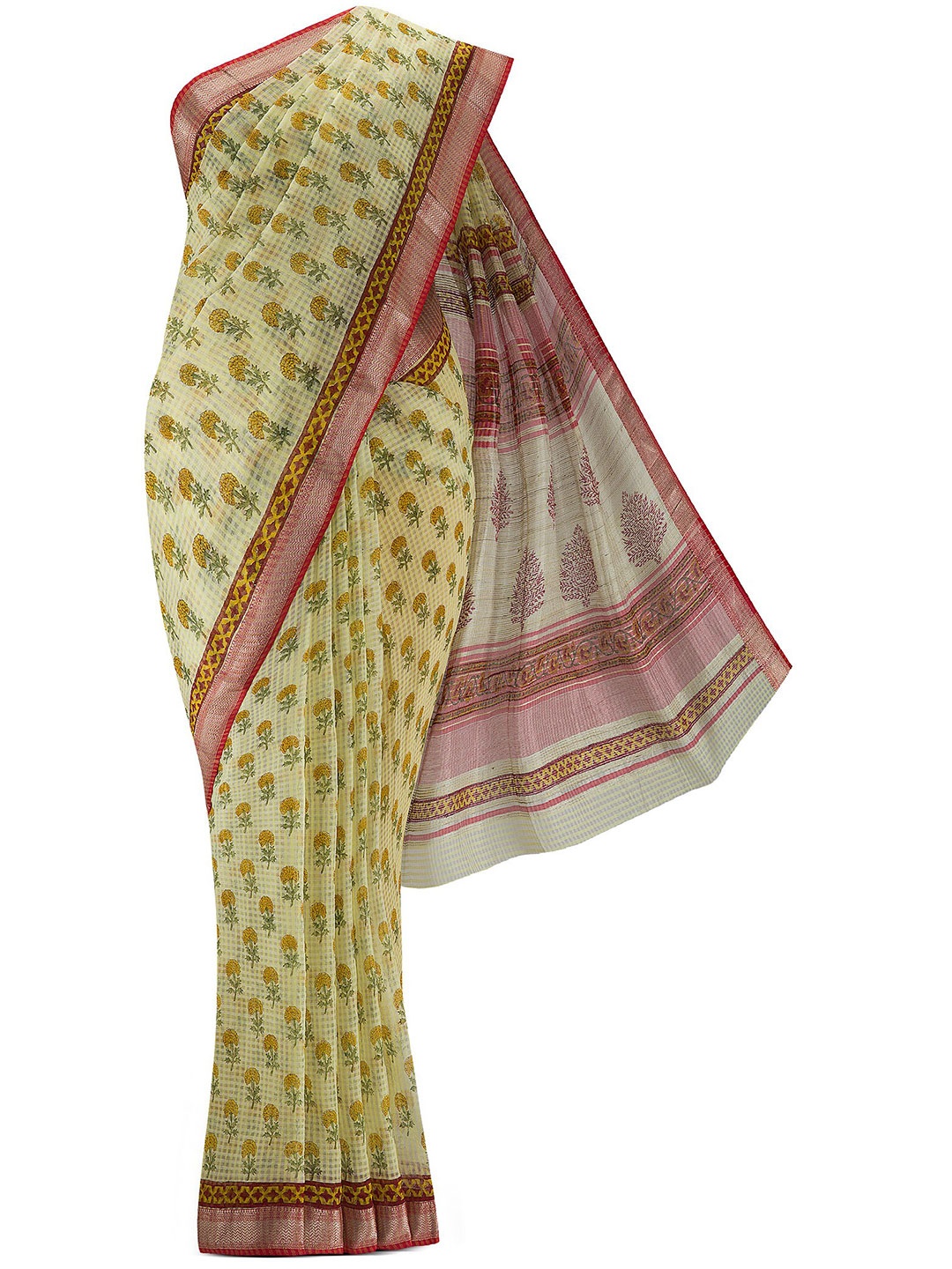 

Nalli Next Yellow & Maroon Ethnic Motifs Silk Cotton Maheshwari Saree