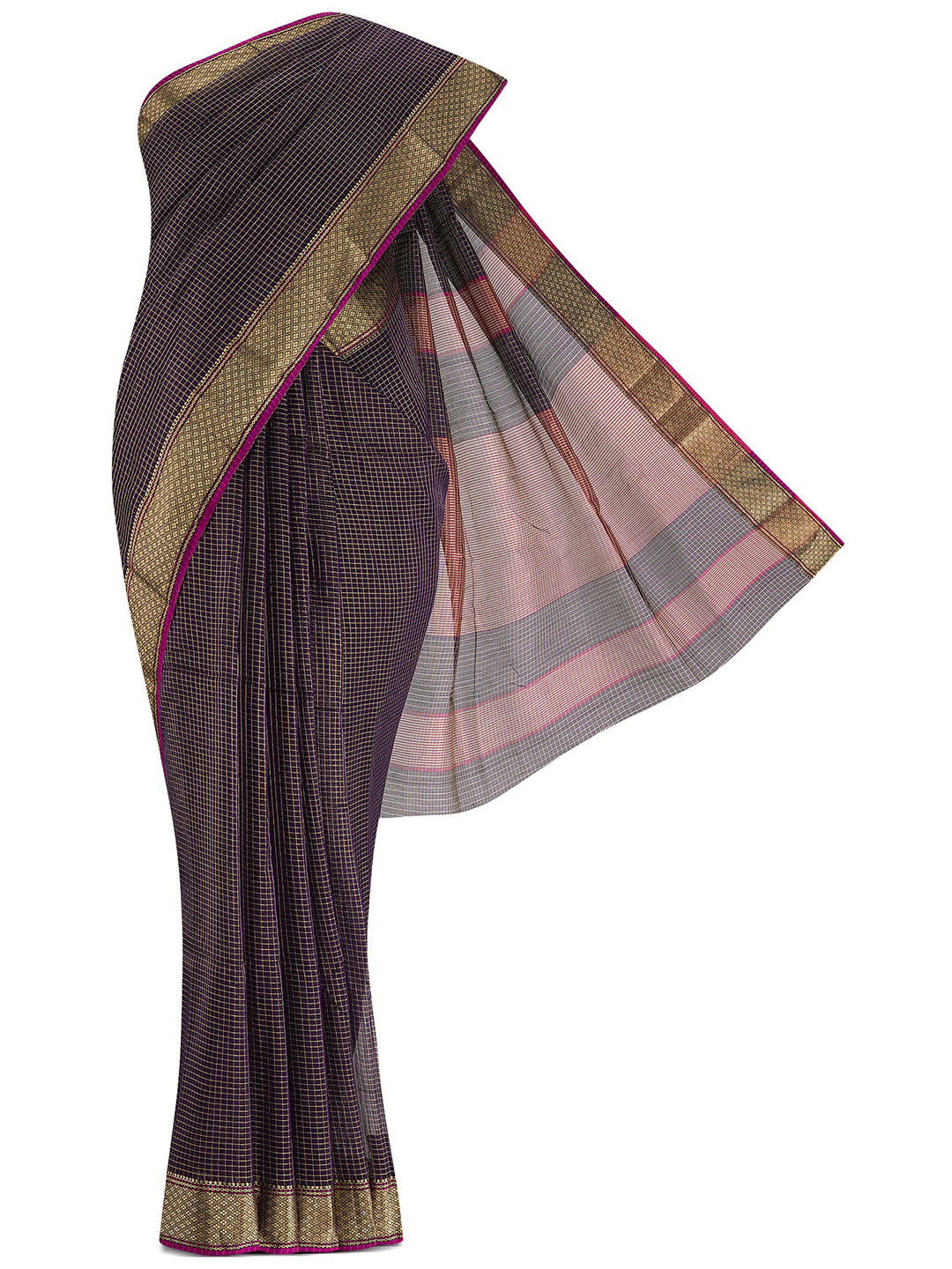 

Nalli Next Purple Striped Silk Cotton Maheshwari Saree, Navy blue