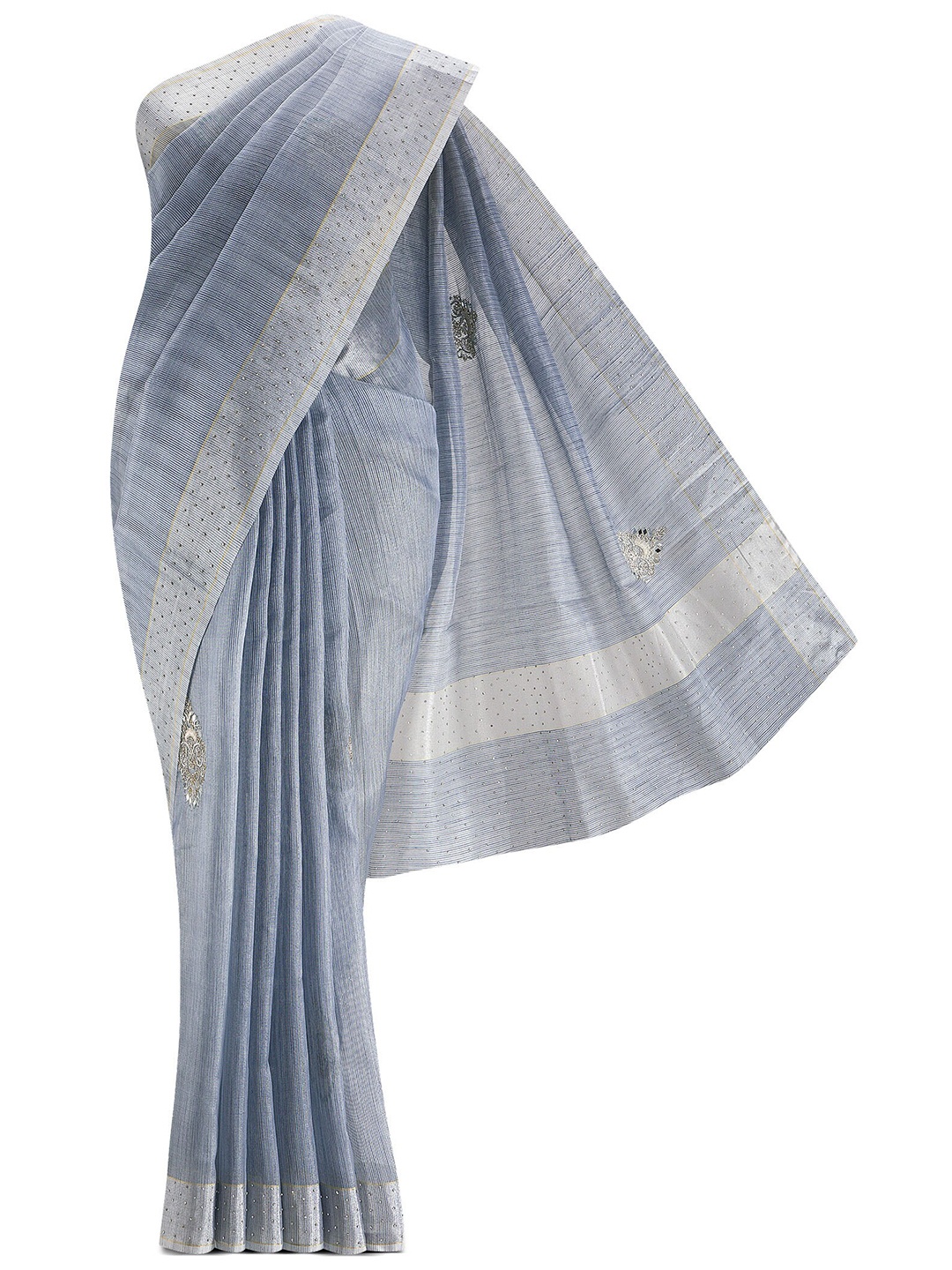 

Nalli Next Blue & Silver-Toned Embellished Beads and Stones Pure Cotton Saree