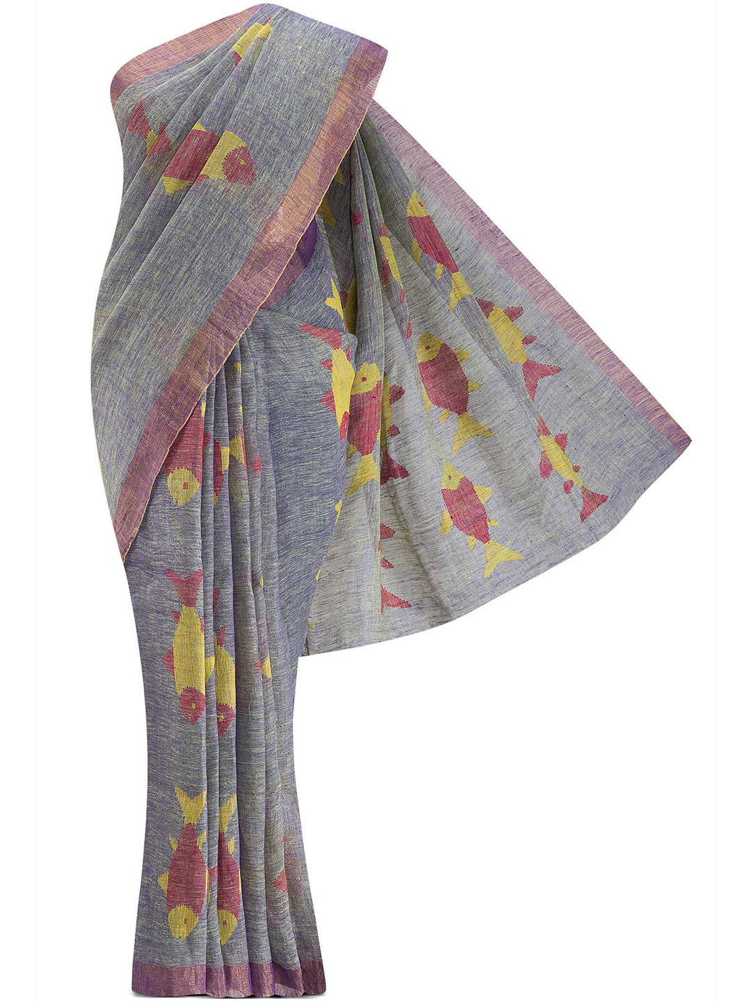 

Nalli Next Grey & Yellow Woven Design Zari Linen Blend Saree