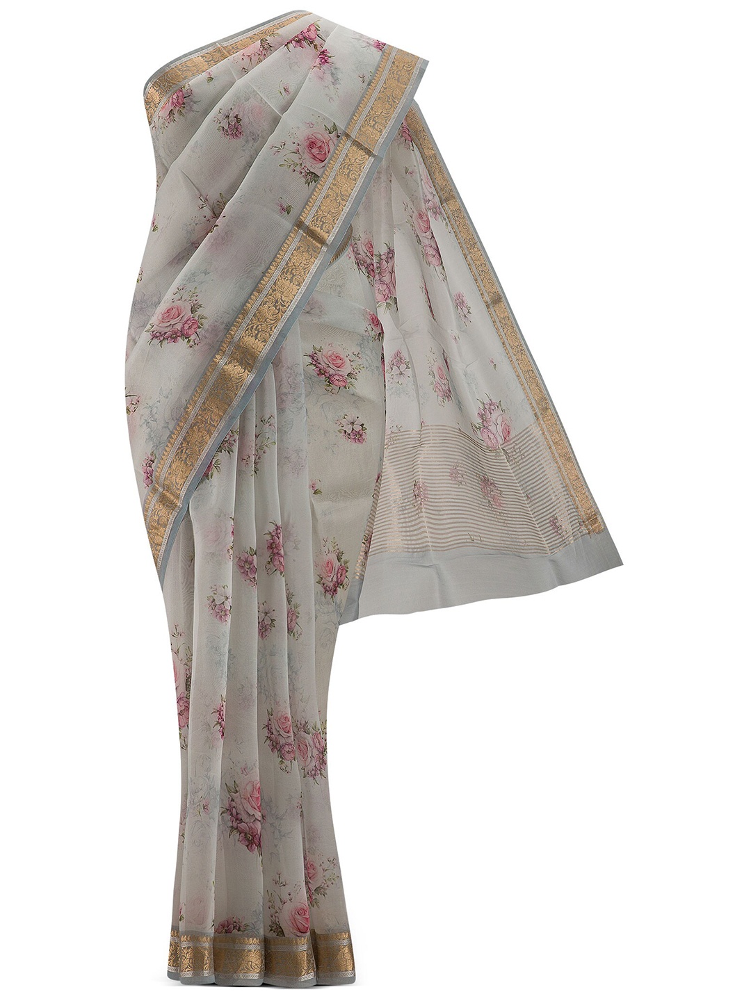

Nalli Silk Sarees Off White & Gold-Toned Floral Zari Organza Saree