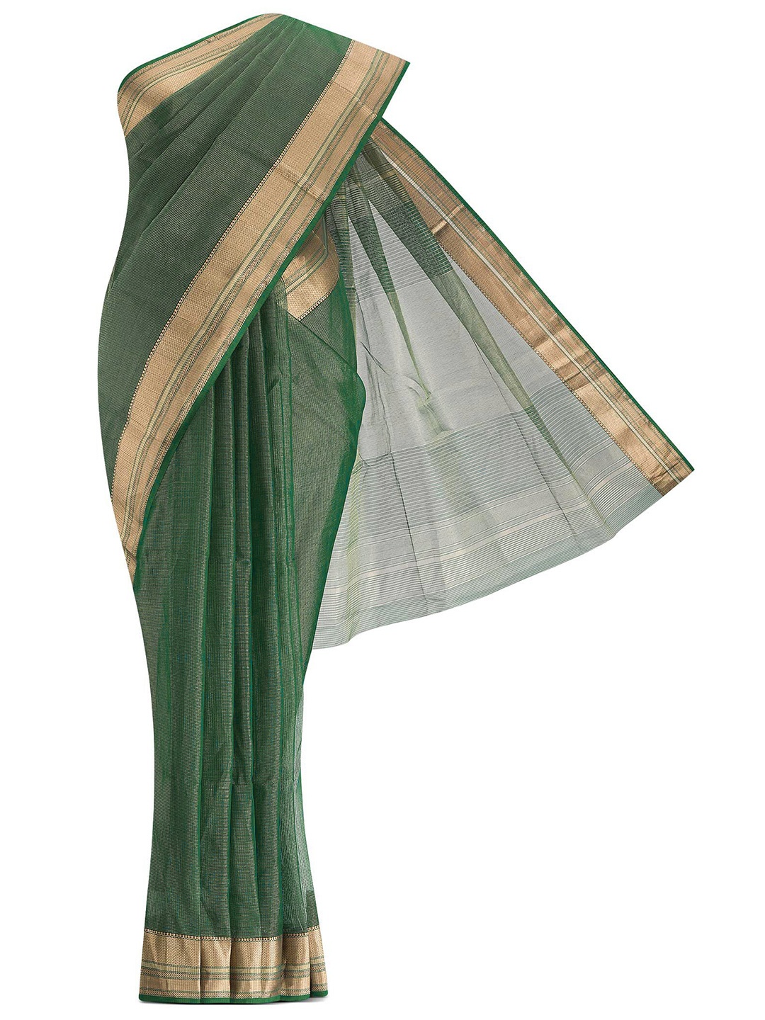 

Nalli Next Olive Green & Gold-Toned Striped Zari Silk Cotton Saree