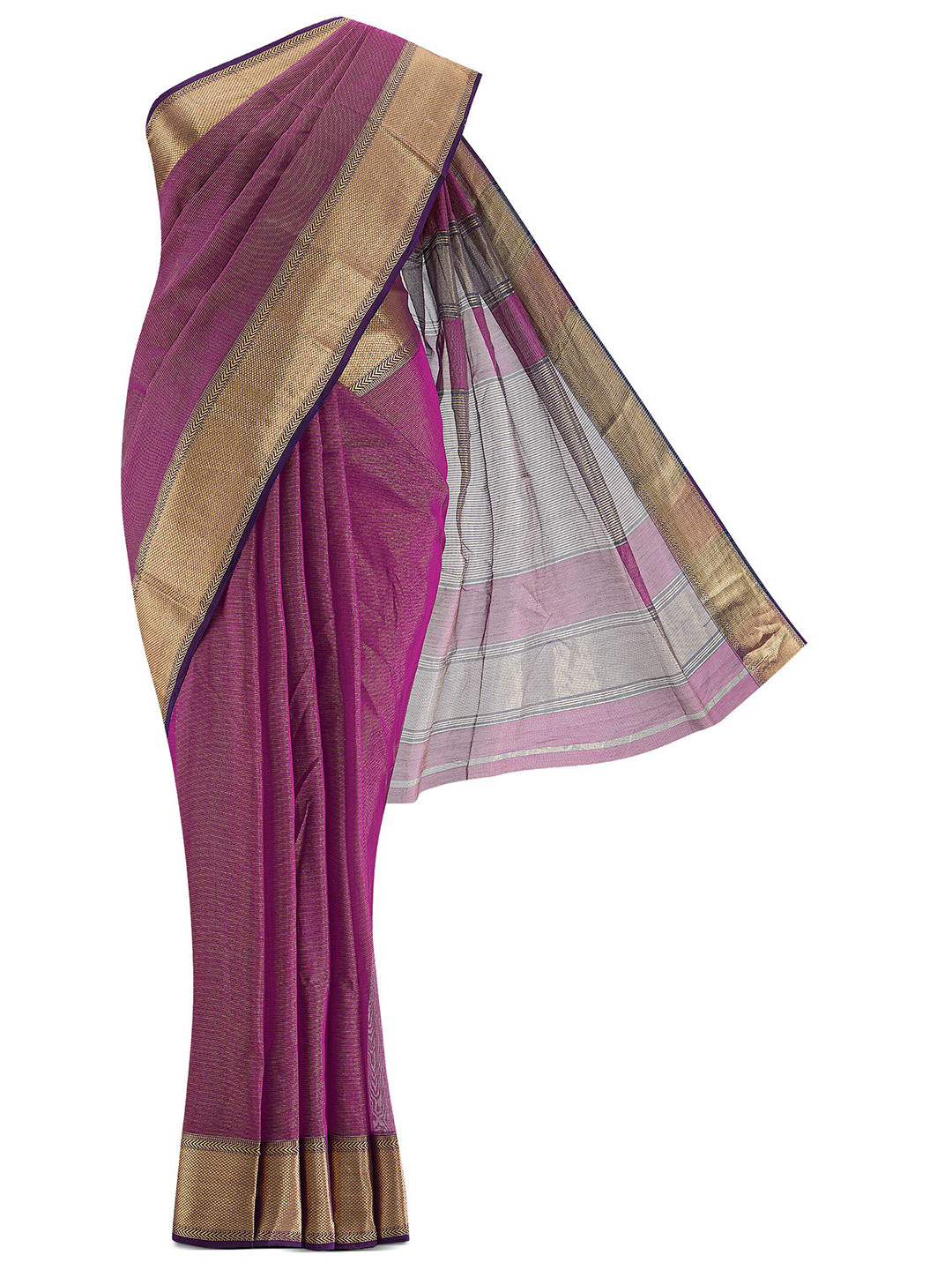 

Nalli Next Magenta & Gold-Toned Striped Zari Silk Cotton Saree
