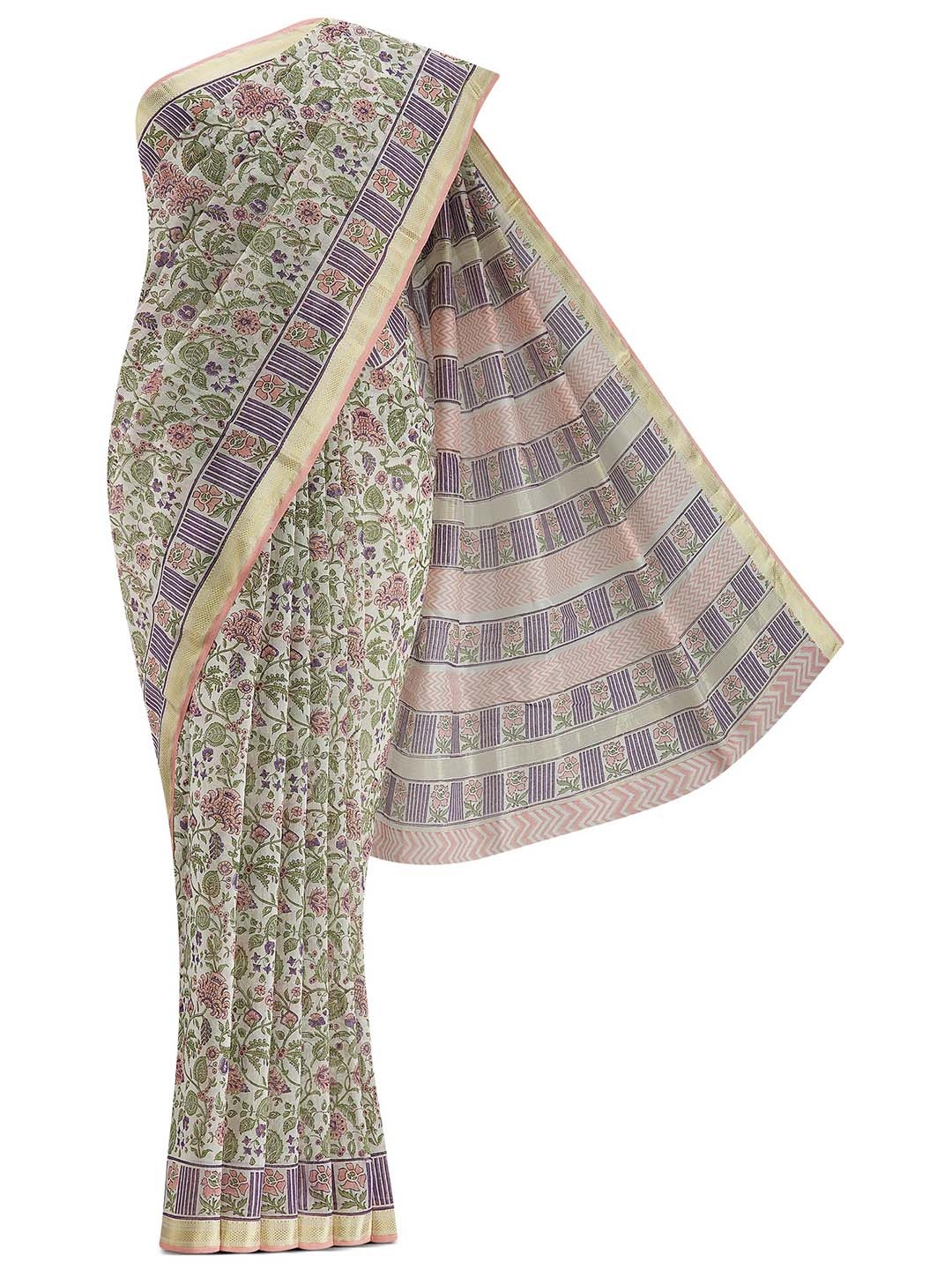 

Nalli Next Cream-Coloured & Green Floral Zari Silk Cotton Saree