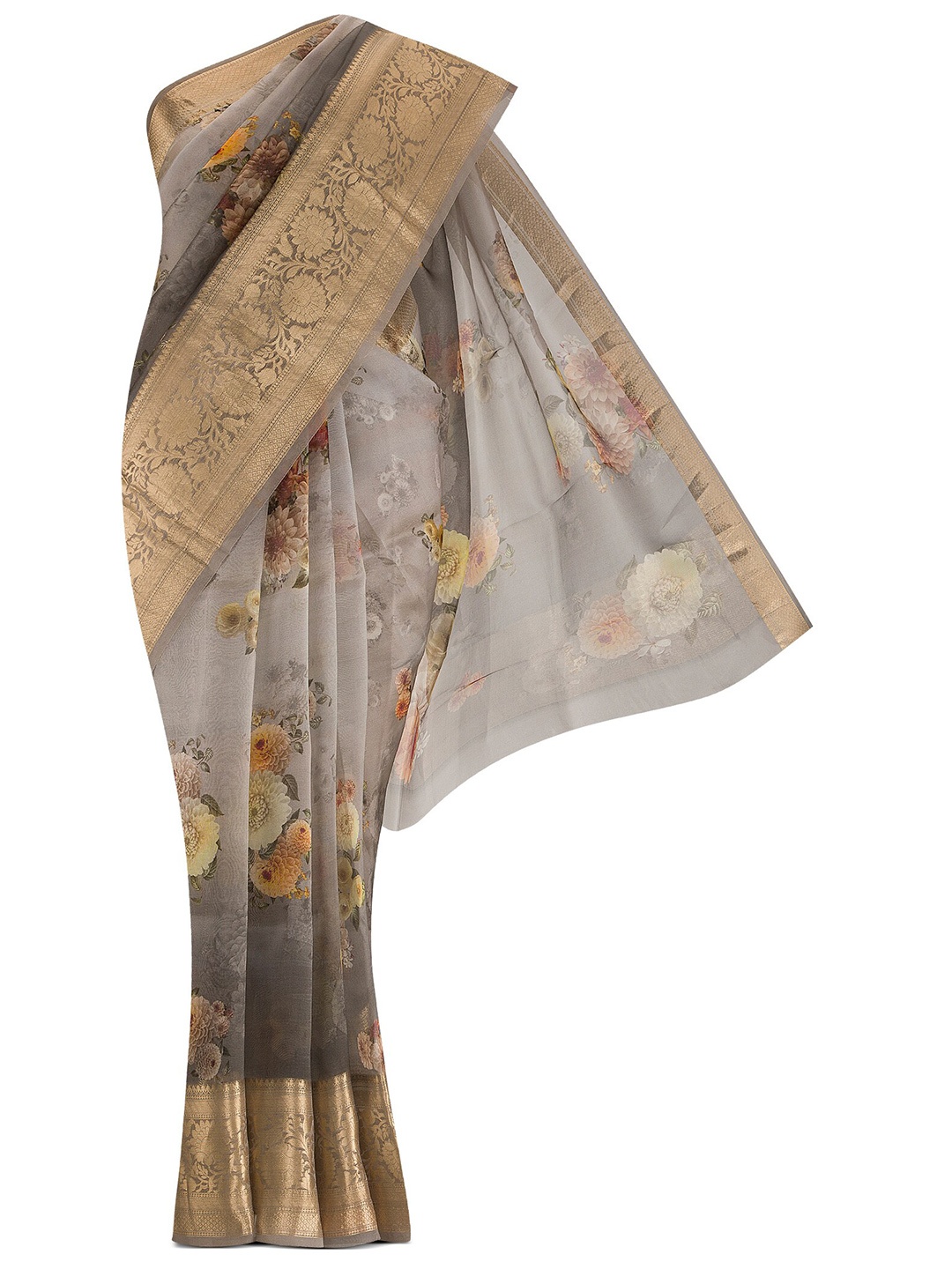 

Nalli Next Grey & Gold-Toned Floral Zari Organza Saree