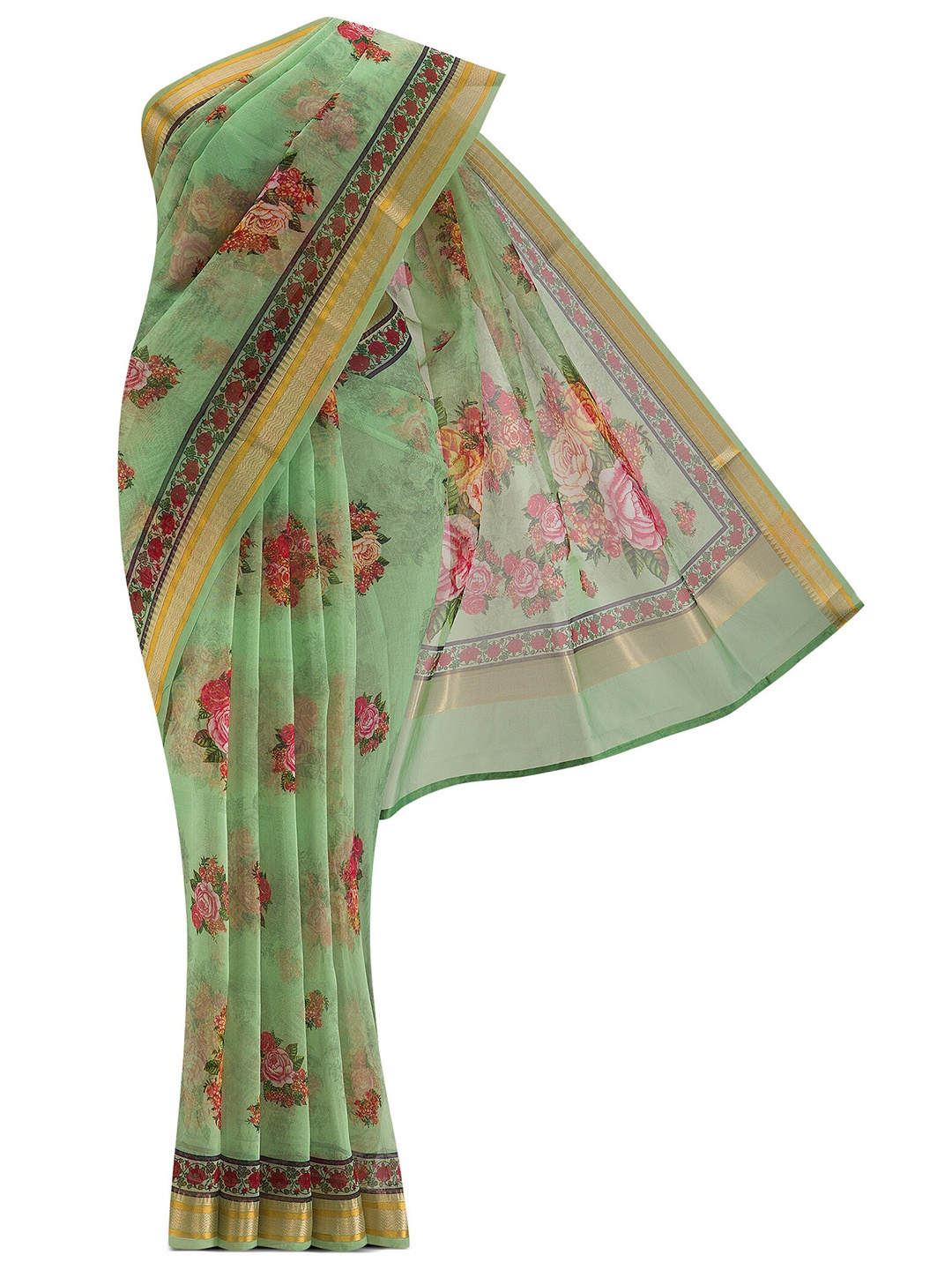 

Nalli Next Green & Red Floral Zari Organza Saree