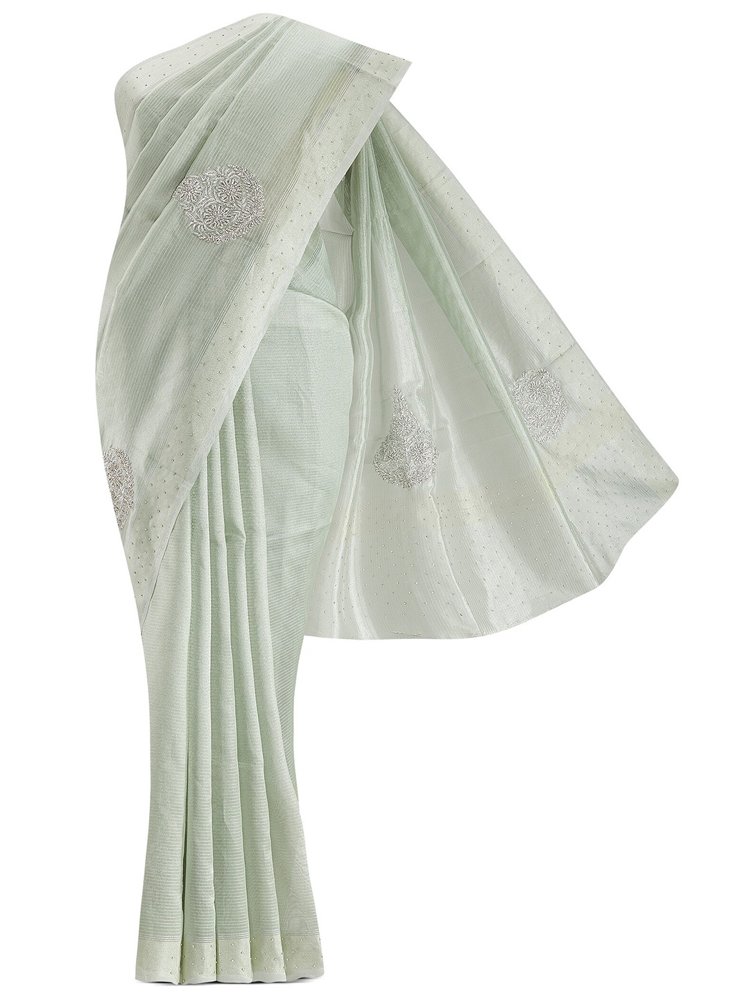 

Nalli Next Pale Green Embellished Beads and Stones Pure Cotton Saree