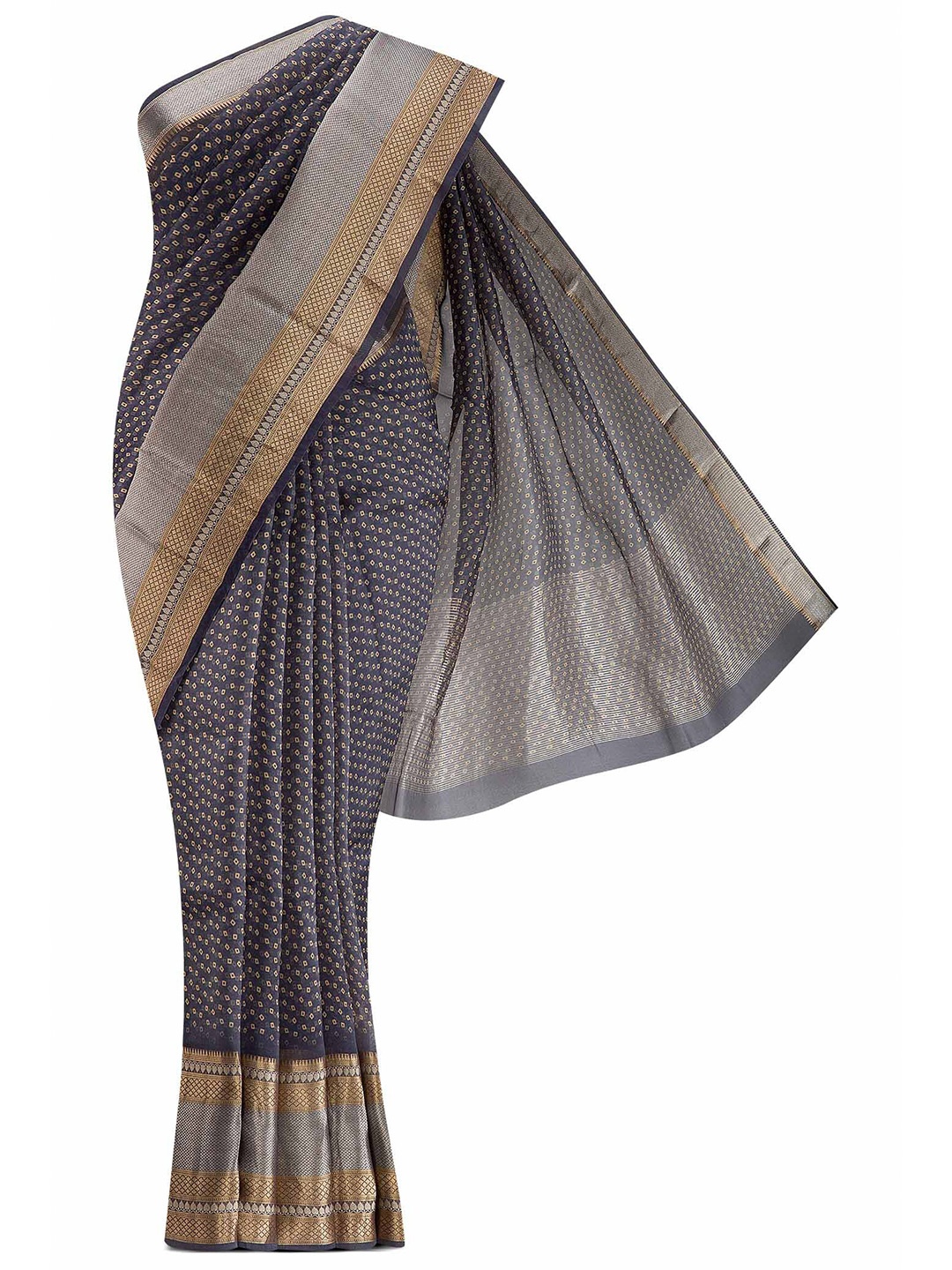 

Nalli Silk Sarees Grey & Gold-Toned Ethnic Motifs Zari Organza Saree