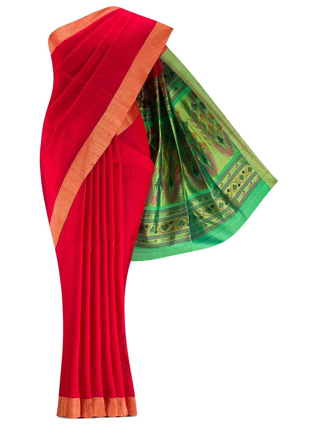 

Nalli Silk Sarees Red & Green Ethnic Motifs Woven Design Zari Silk Blend Saree