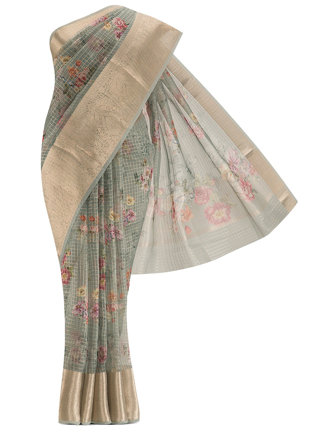

Nalli Next Green & Gold-Toned Floral Organza Saree