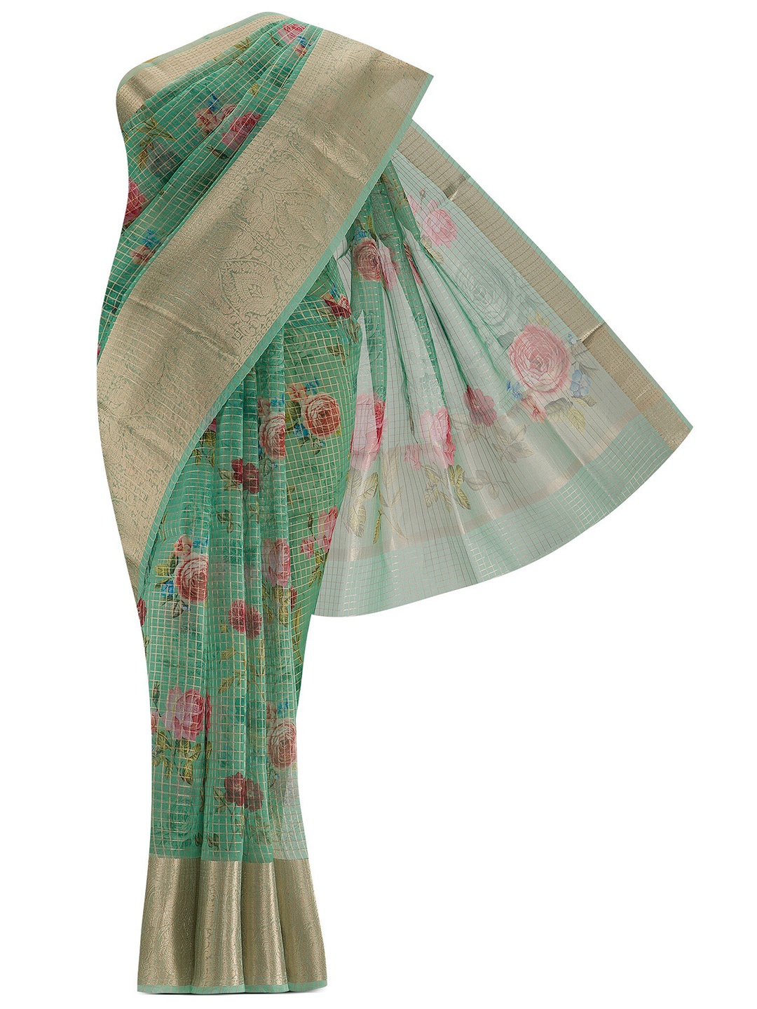 

Nalli Next Green & Gold-Toned Floral Organza Saree