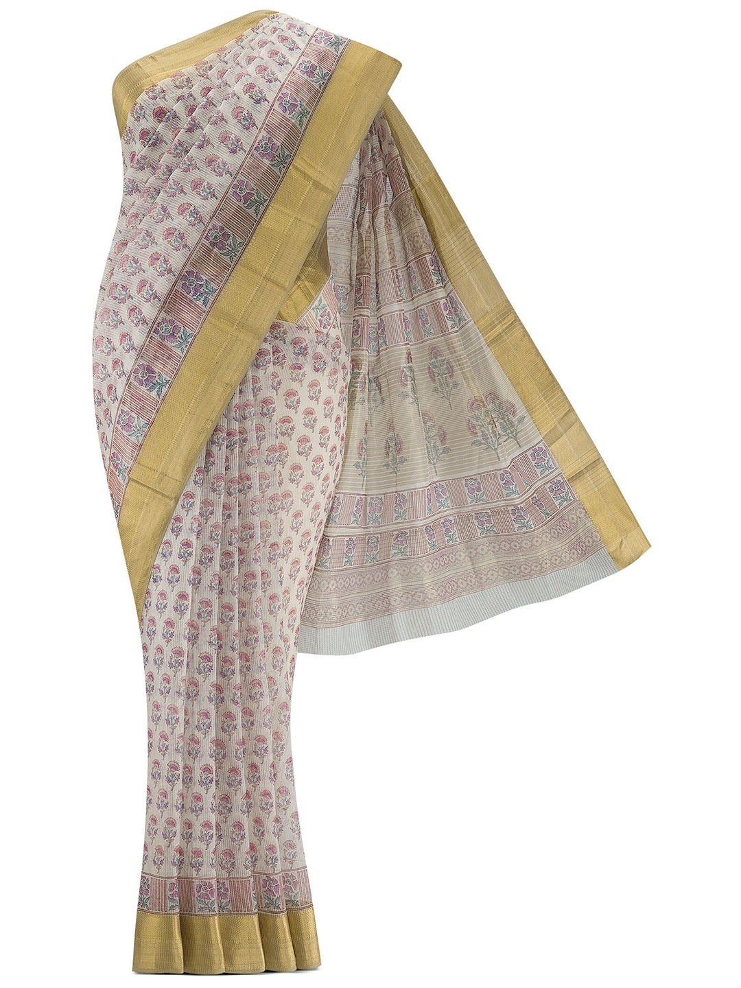 

Nalli Next Cream-Coloured & Gold-Toned Floral Silk Cotton Maheshwari Saree