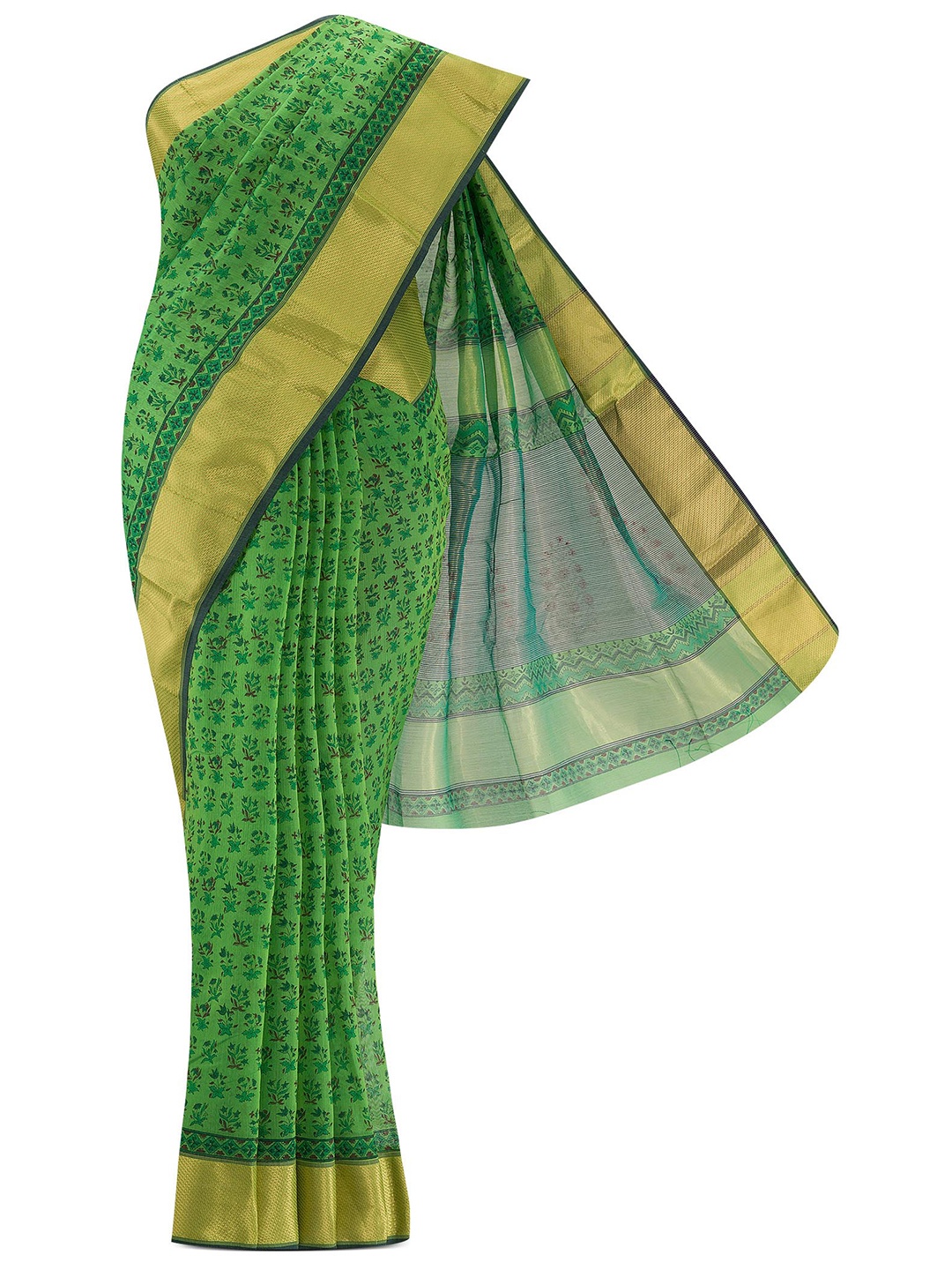 

Nalli Next Green & Gold-Toned Ethnic Motifs Silk Cotton Maheshwari Saree