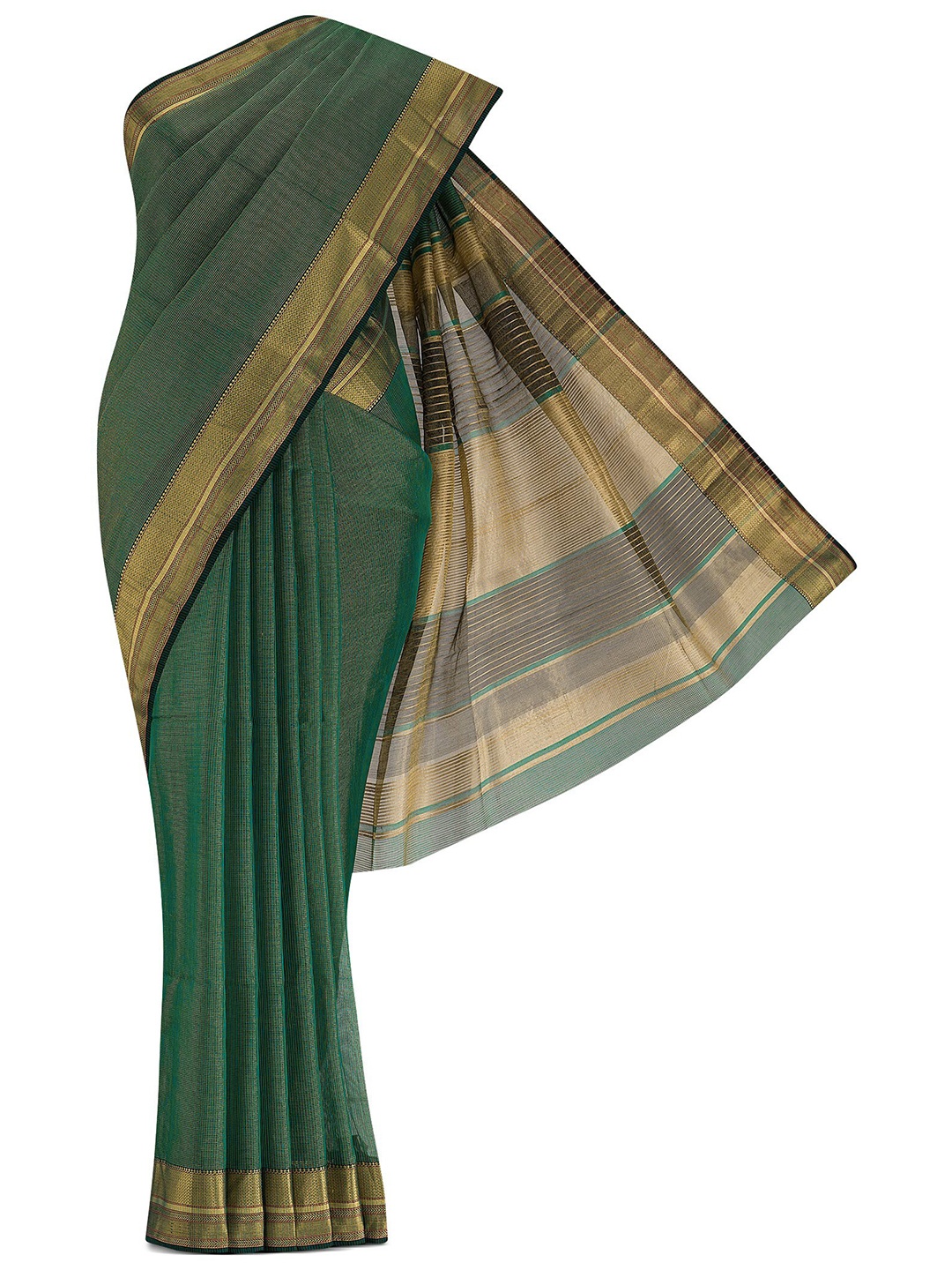 

Nalli Next Green & Gold-Toned Striped Silk Cotton Saree