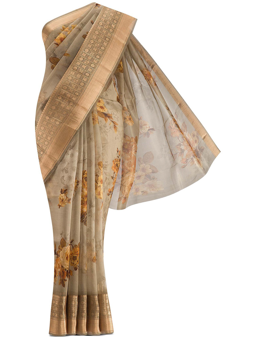 

Nalli Next Green & Gold-Toned Floral Zari Organza Saree