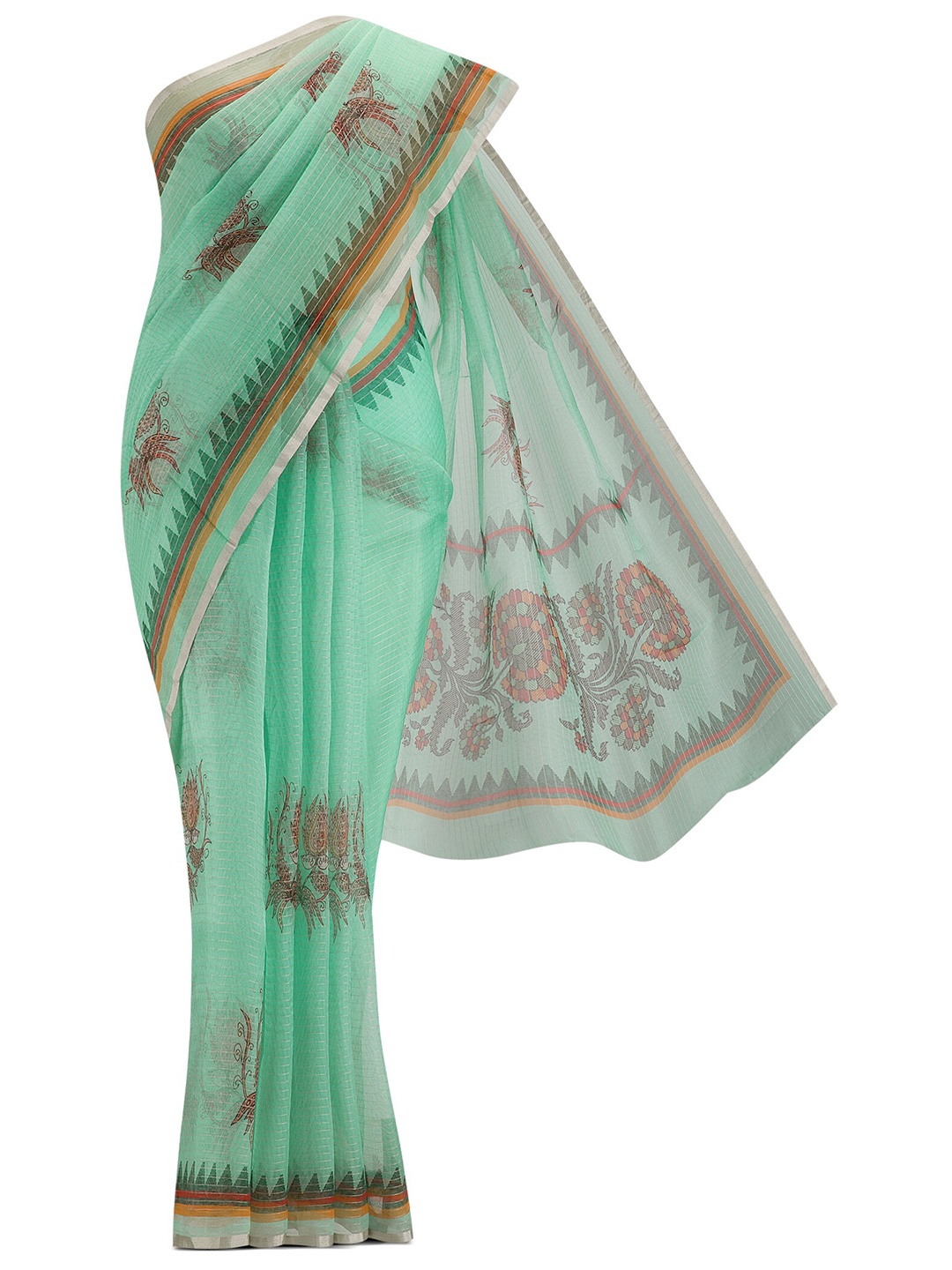 

Nalli Silk Sarees Green & Pink Floral Zari Organza Saree