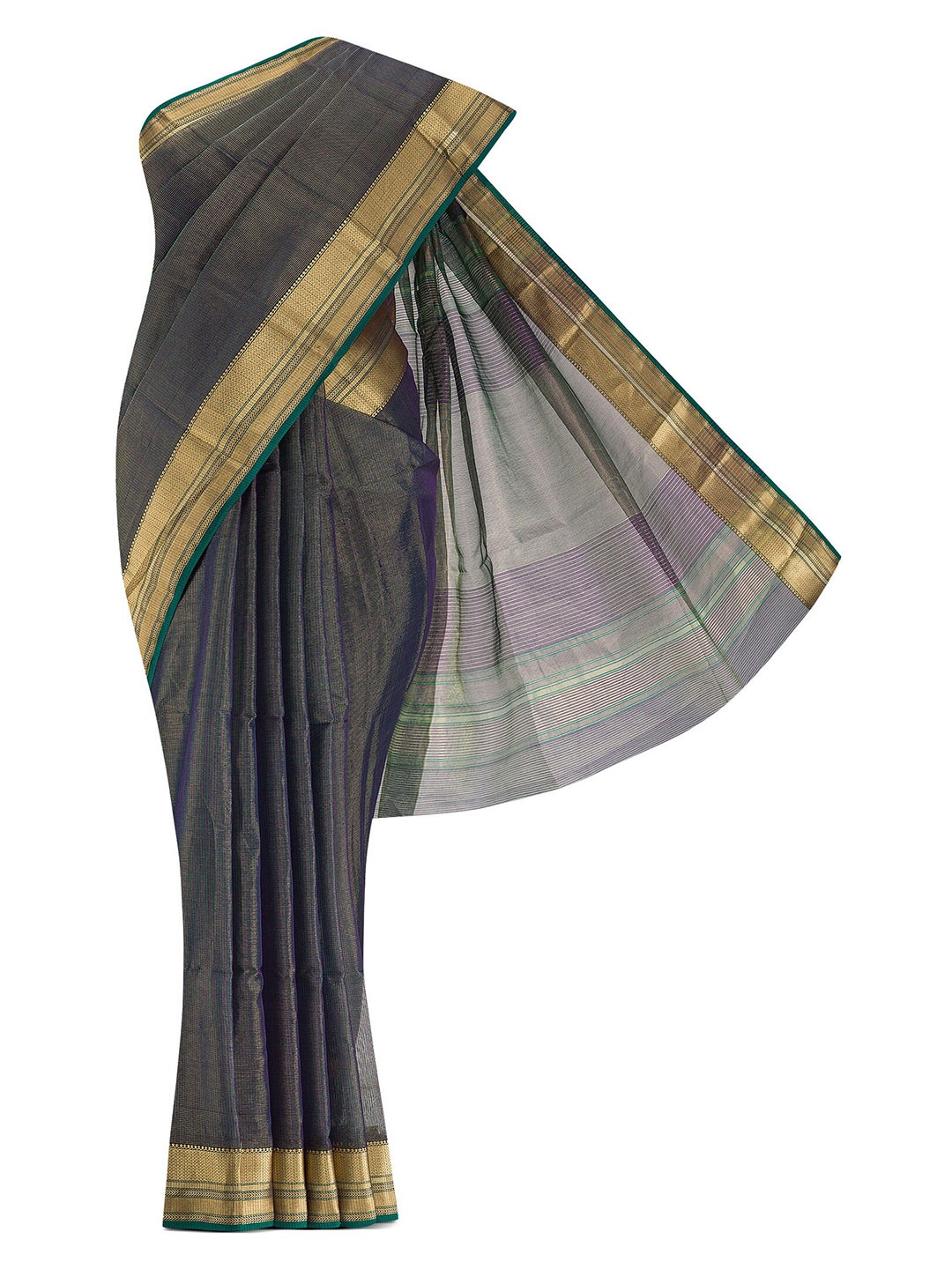 

Nalli Next Green & Navy Blue Striped Zari Silk Cotton Saree