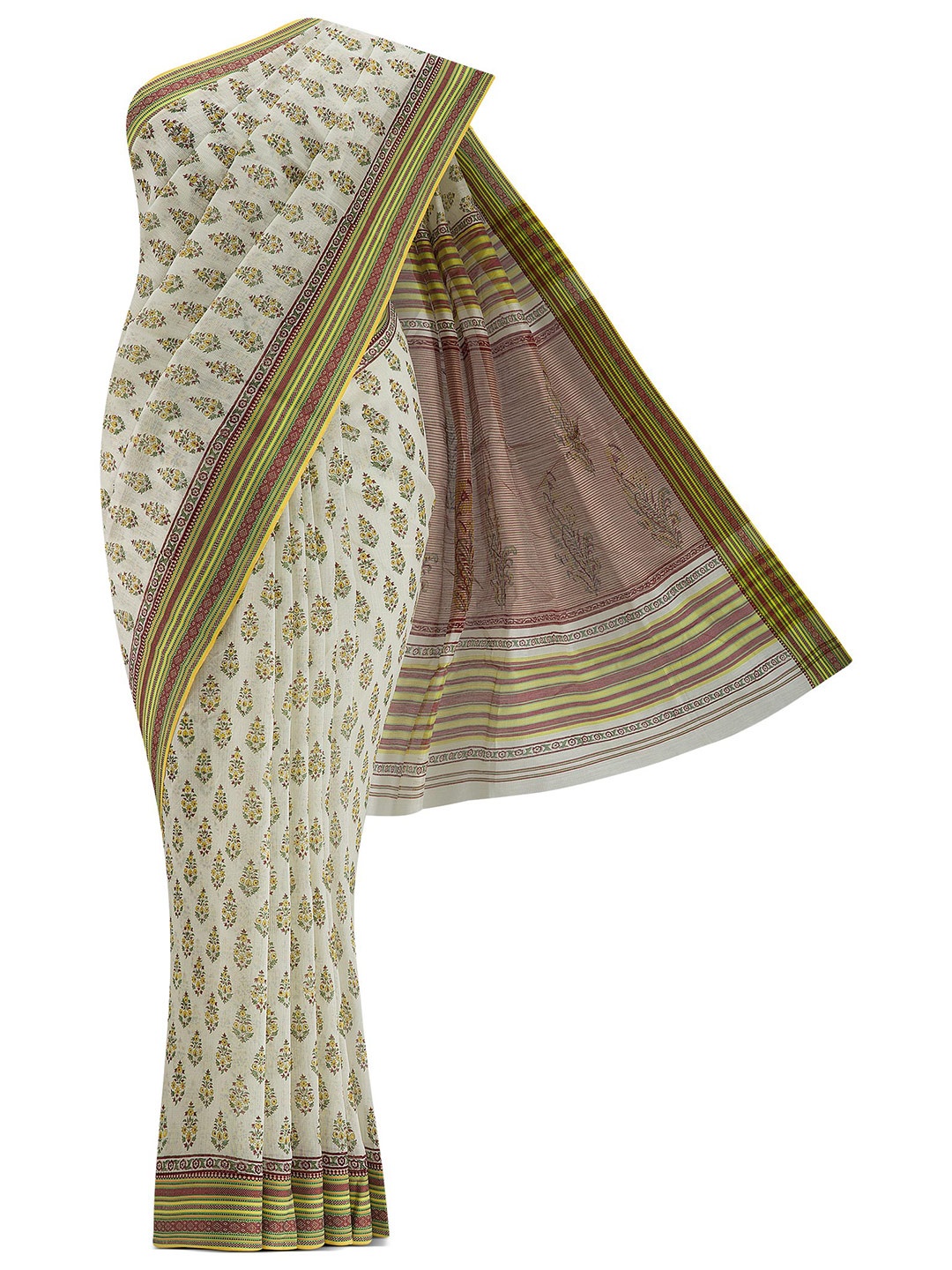 

Nalli Next Women Cream-Coloured & Green Floral Silk Cotton Saree