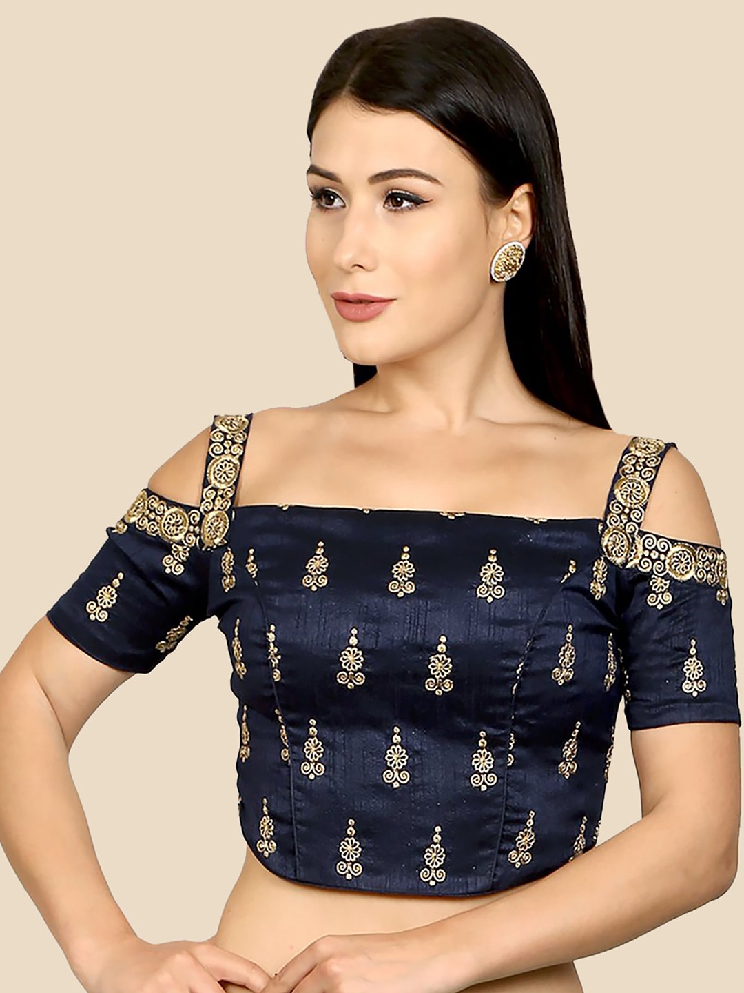 

Neckbook Women Navy Blue Silk Floral Princess Cut Blouse
