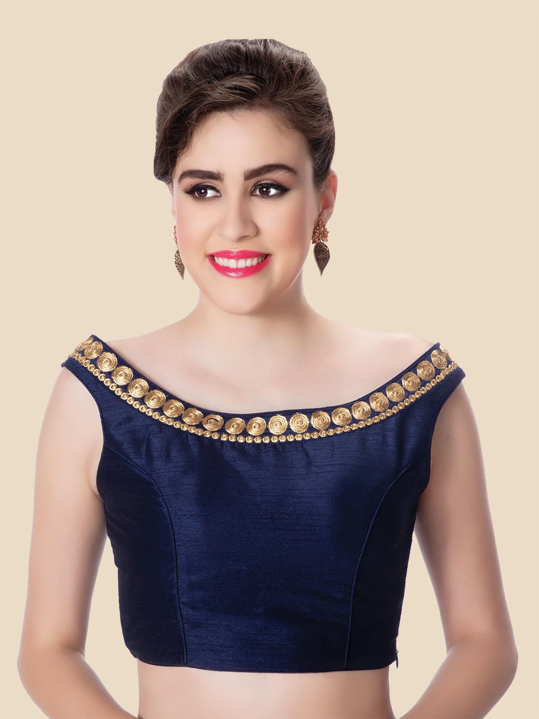 

neckbook Women Navy Blue Embroidered Padded Off Shoulder Saree Blouse