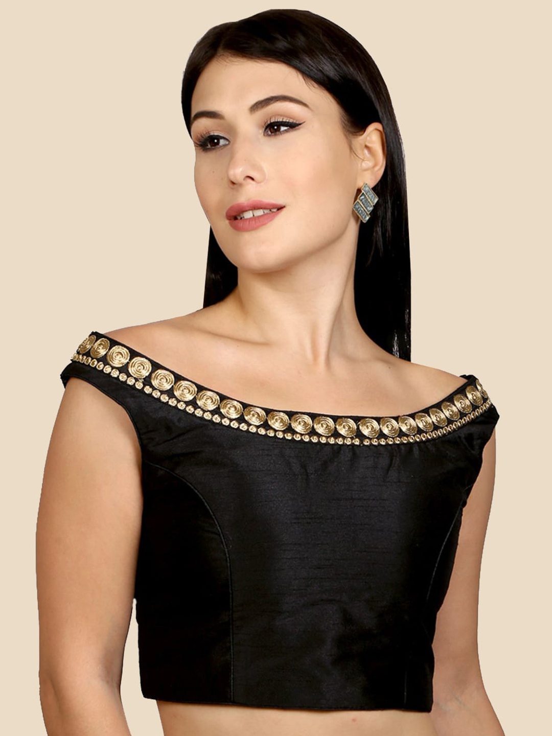 

Neckbook Black & Gold-Toned Embroidered Padded Off Shoulder Saree Blouse